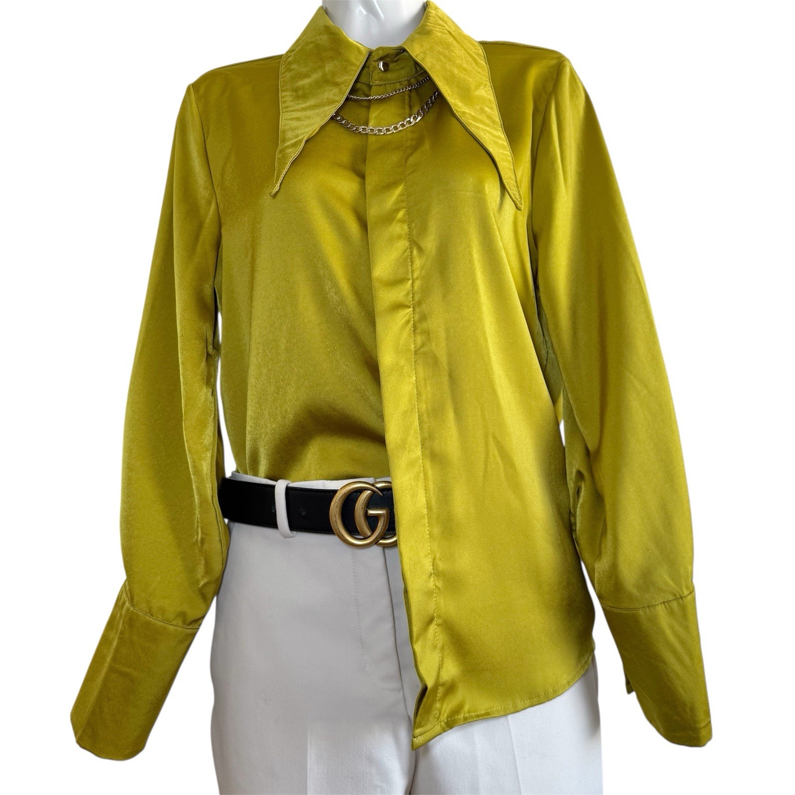 Vintage Mustard Yellow Satin Blouse Oversized Collar Chain Detail Size Small