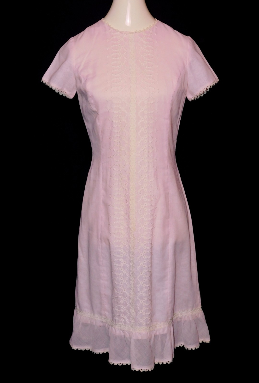 Vintage 1960s Minx Modes Sheer Cotton Pink Shift Dress Lace Trim
