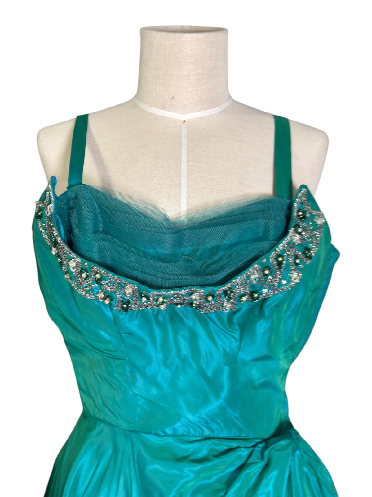 1950s Vintage Fred Perlberg Aqua Satin Cocktail Dress With Beaded Crumb Catcher