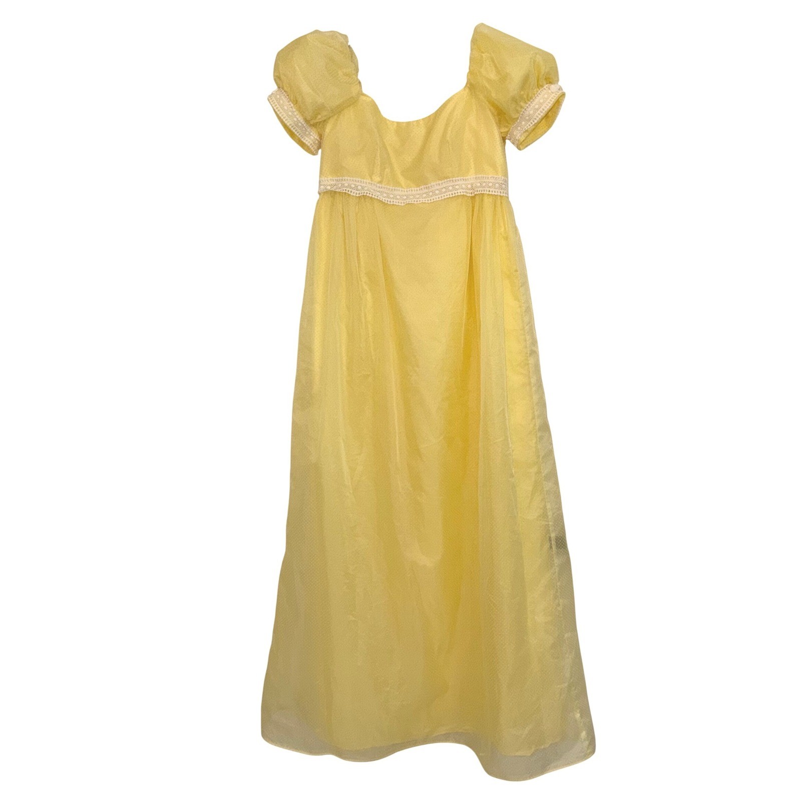 Vtg Lorrie Deb Yellow Swiss Dot Empire Waist Maxi Dress Puff Sleeve Bridgerton