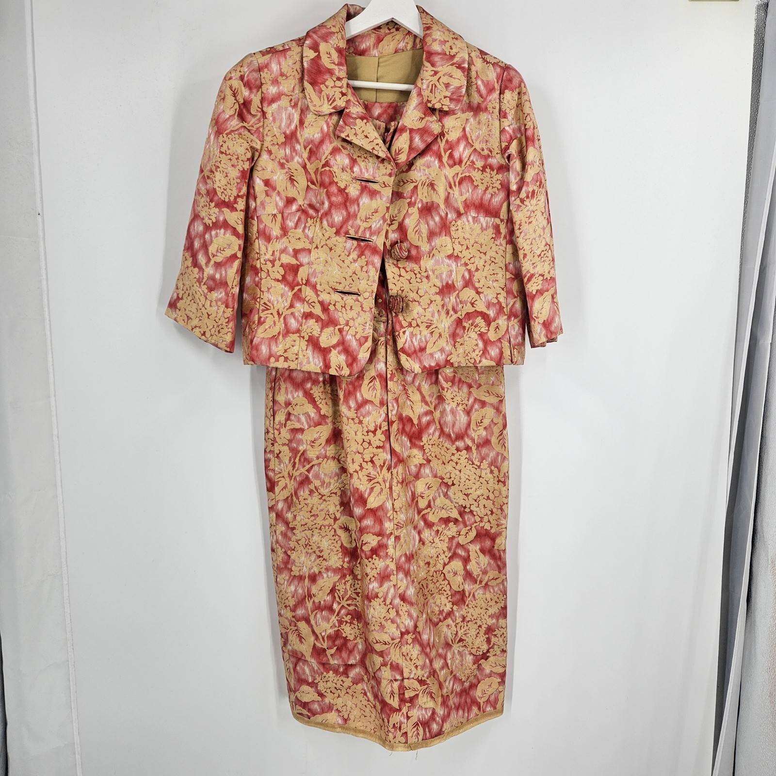 Vintage 1950s Mollie Parnis Dress Set Pink Gold Floral Brocade Office Mad Men XS