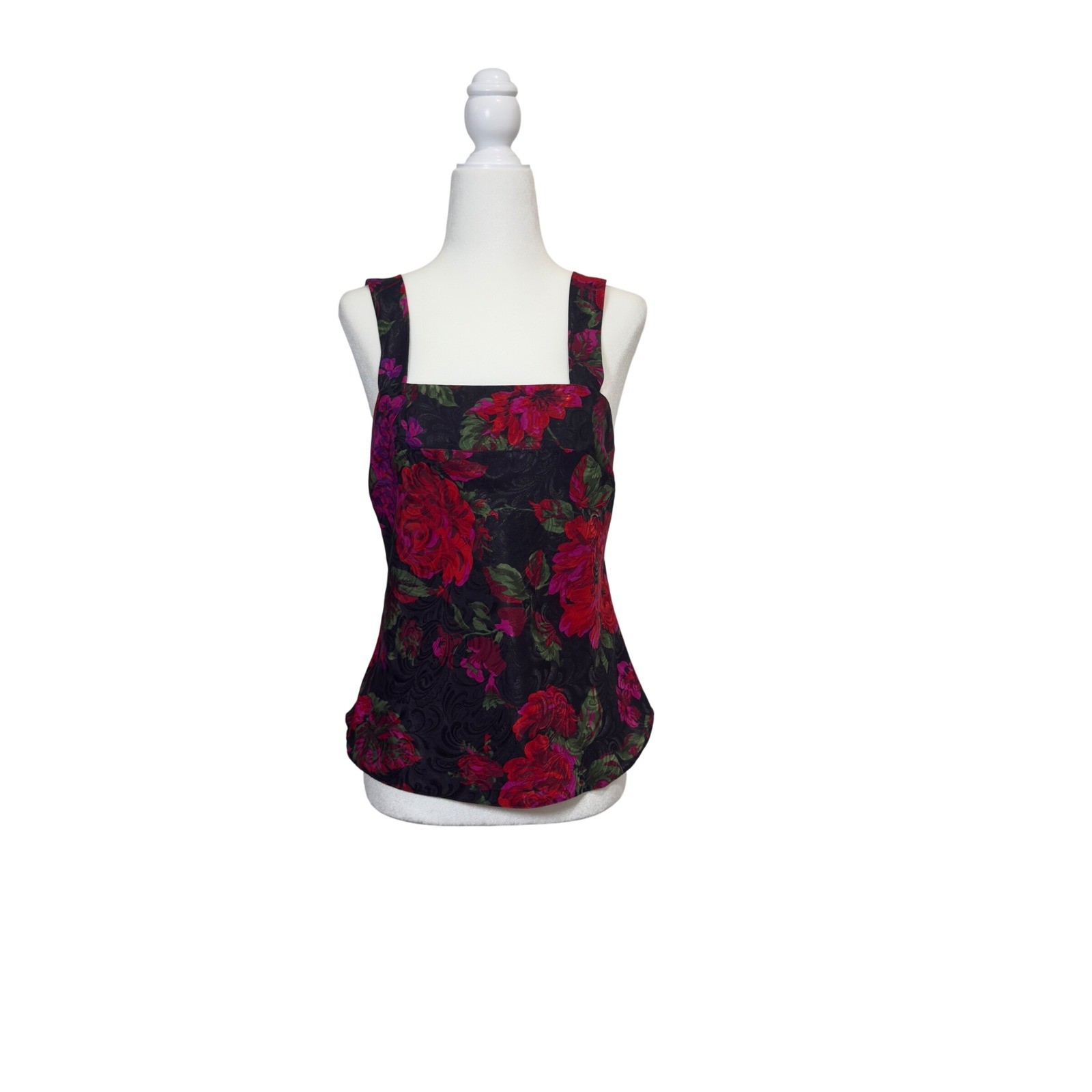 Vintage Lucie Ann II Floral Rose Camisole Top Black Red Purple Square Neck 34