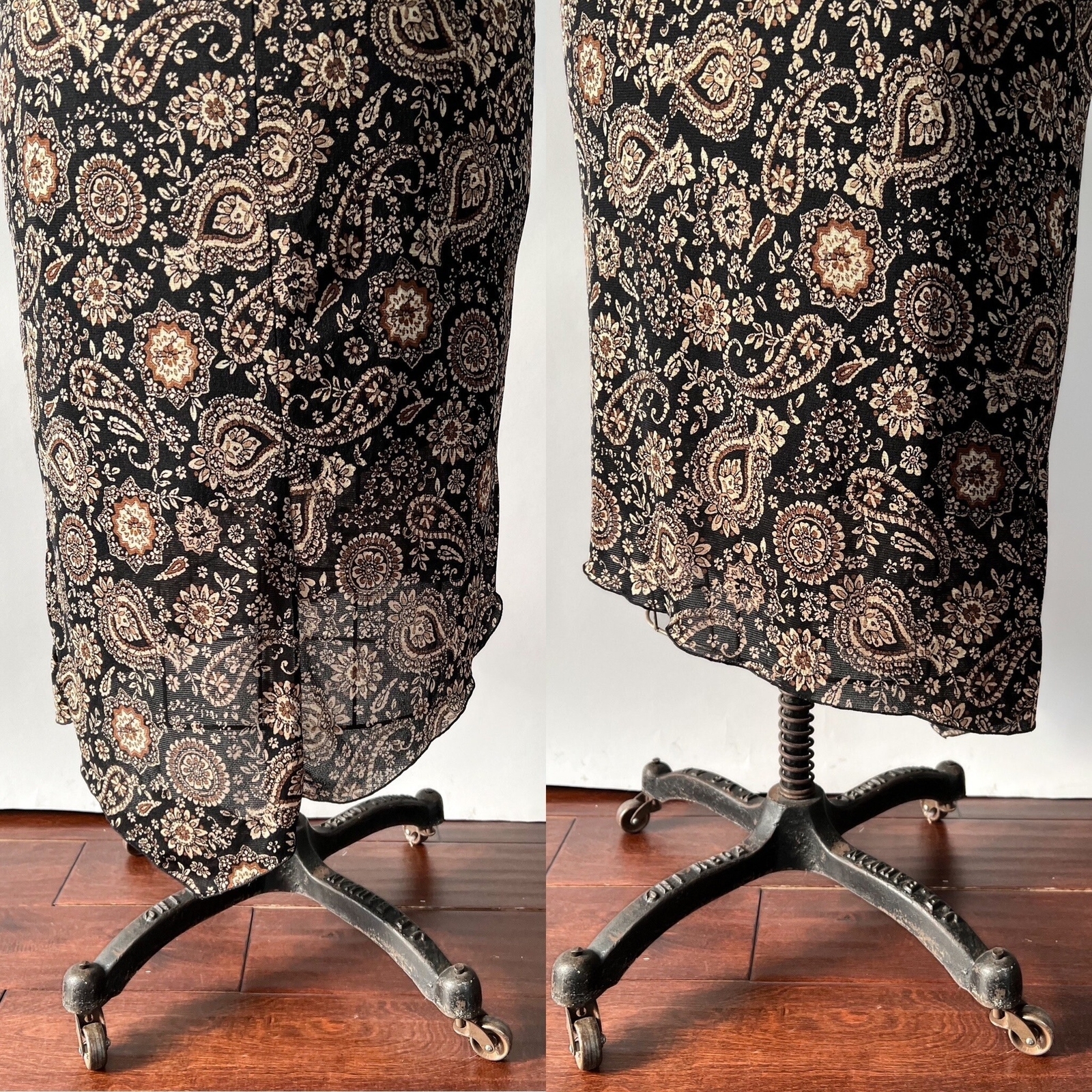 1990s Vintage Black Tan Paisley Print Mesh Sleeveless Keyhole Neck Slip Dress M