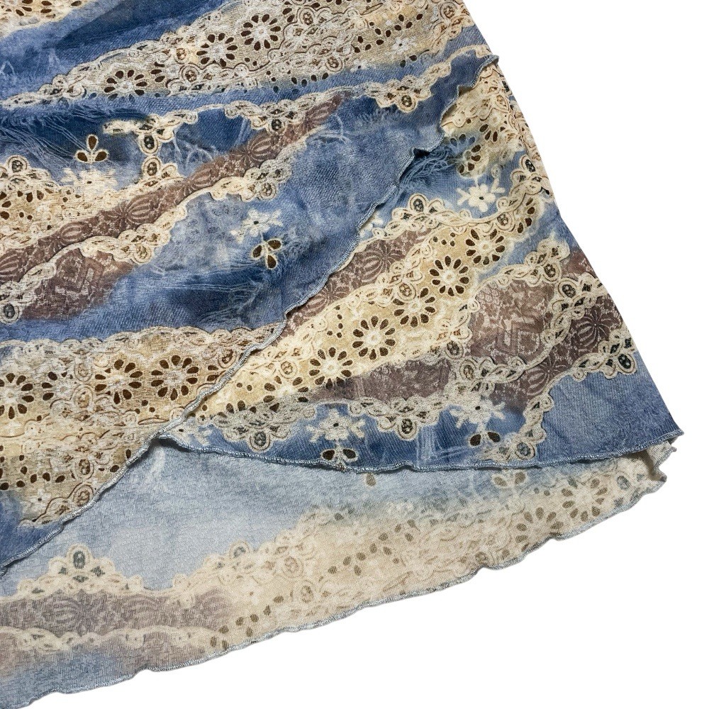 Y2K Mind Games Cream And Blue Floral Denim Print Mesh Skirt Sz L