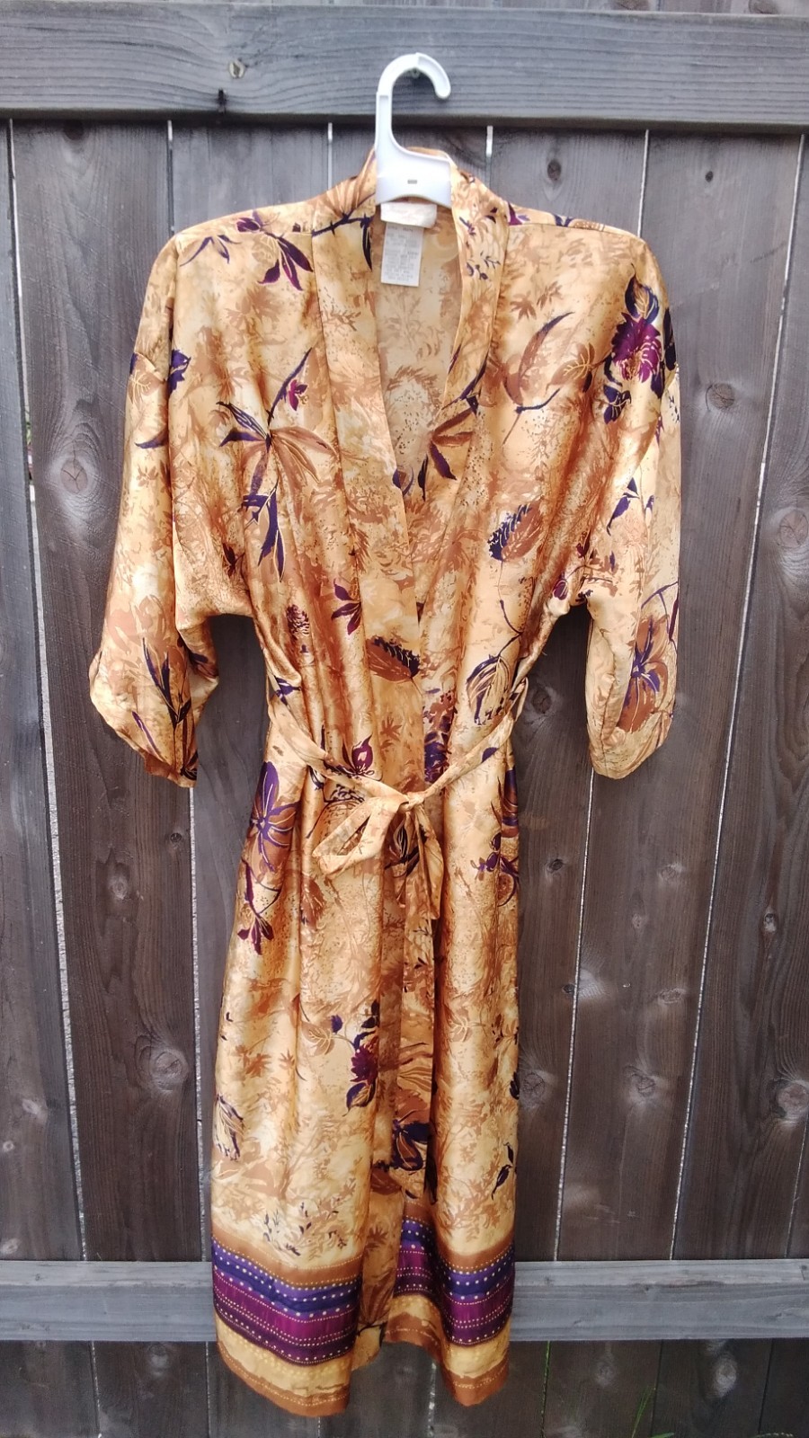 Vintage Womens Robe Silky Belted 80s Gold Purple Print Shoukder Pads Small