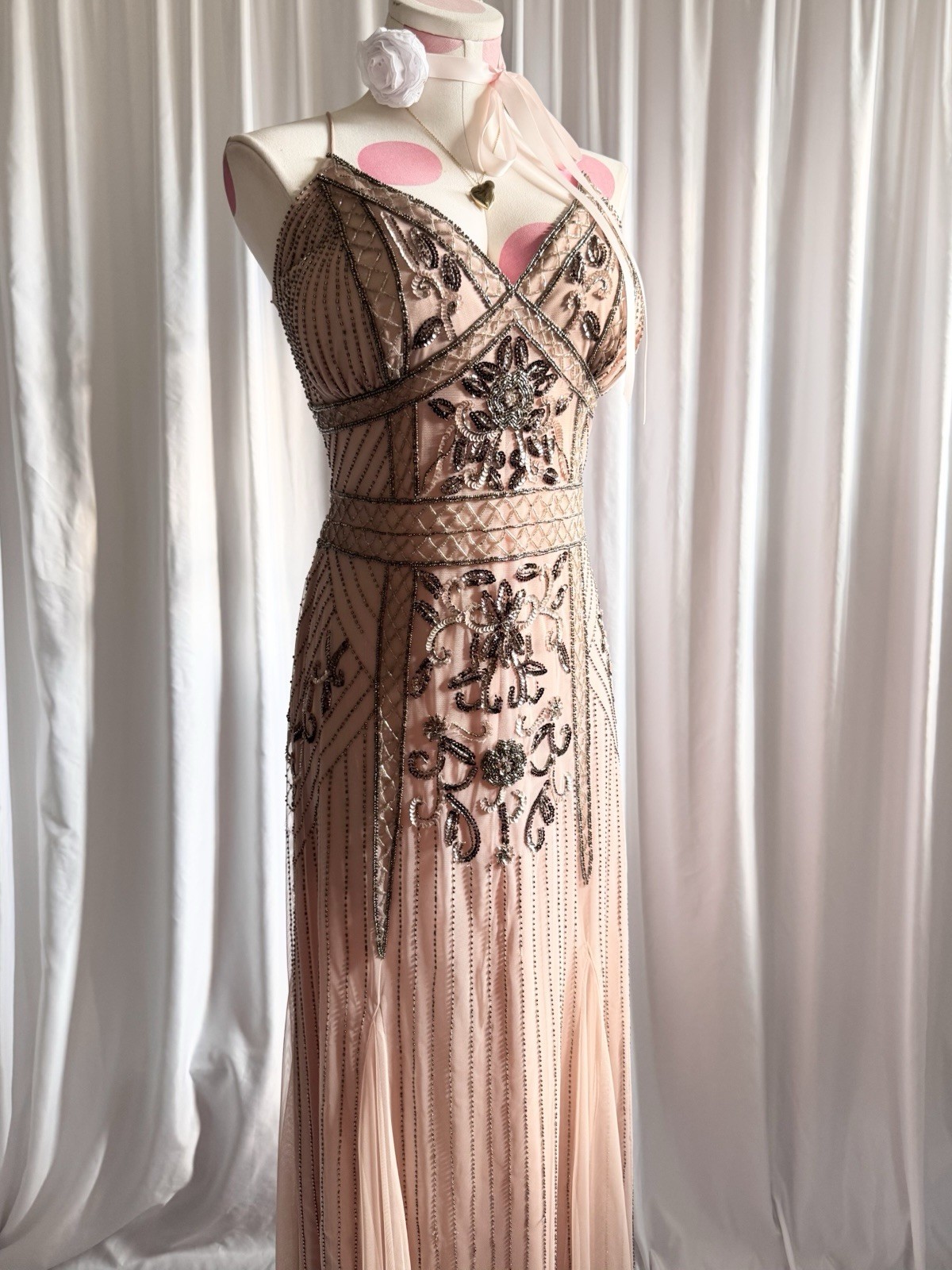 Vintage Pink Silver Fairy Beaded Sequin Ruffle Princess Formal Gown Dress 15/16