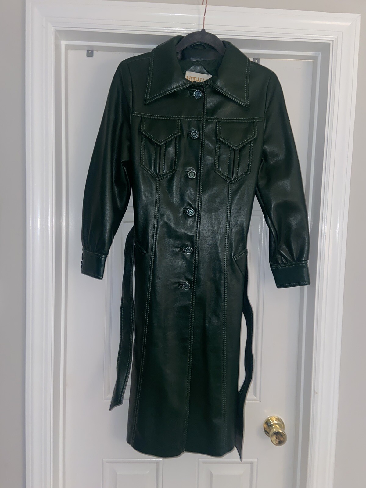Mod Maid Vintage Pleather Green Long Belted Jacket Coat RARE Womens Size 8