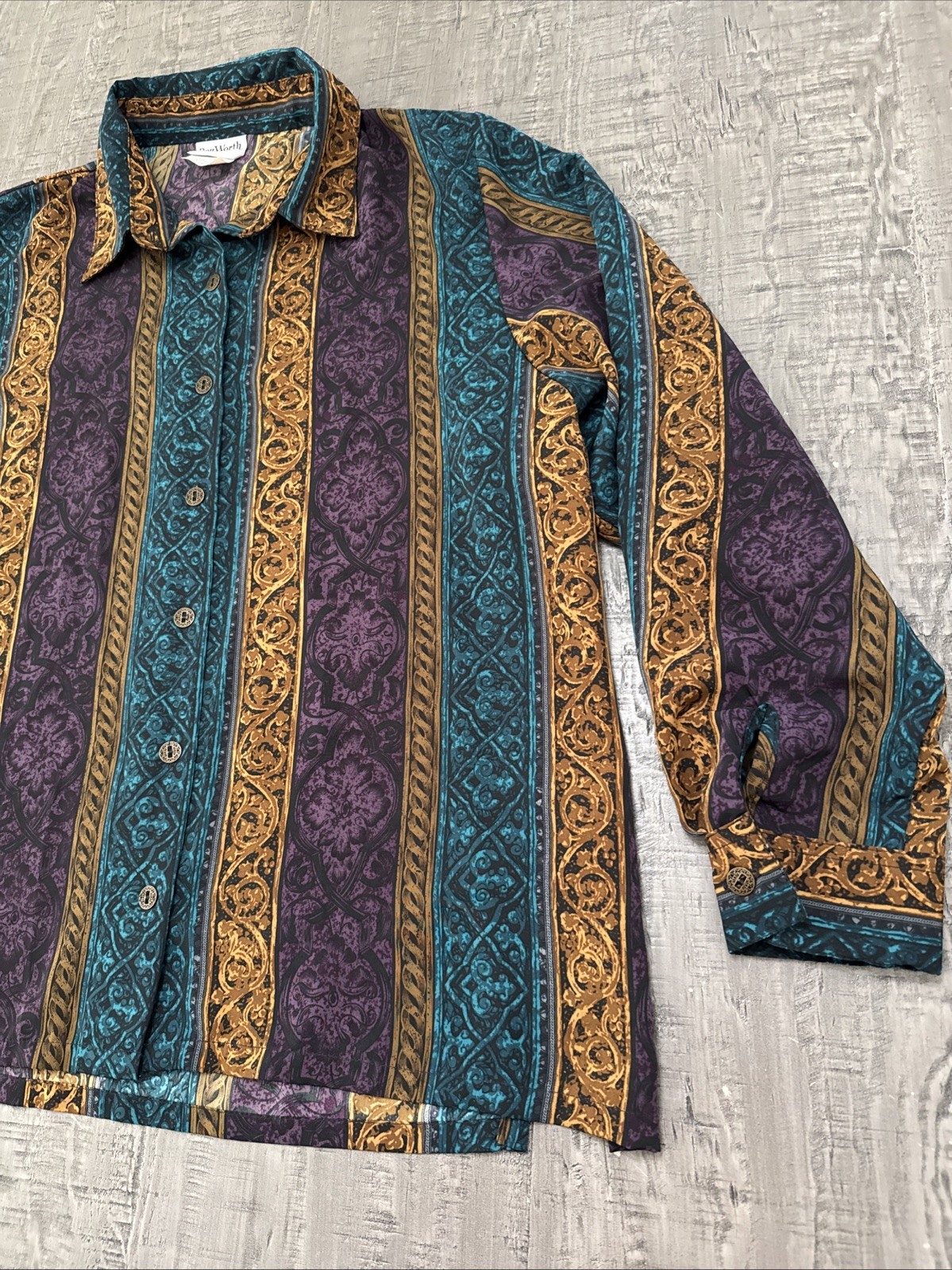Vintage Bon Worth Blouse Teal Purple Gold button down, long sleeve medium petite
