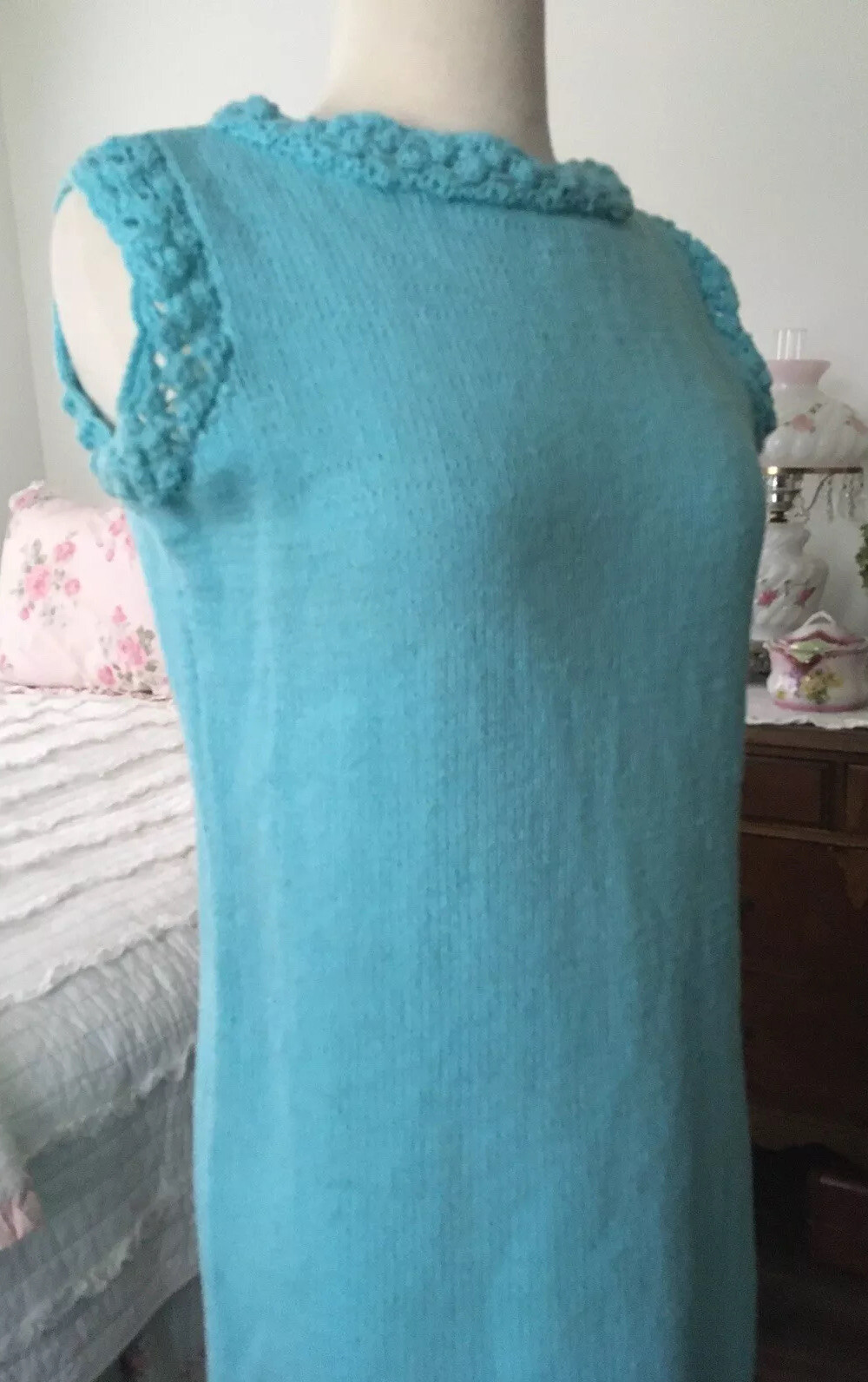 VTG 1960s Pastel AQUA Bubble HANDKNIT Dress Pin Up MOD Sleeveless