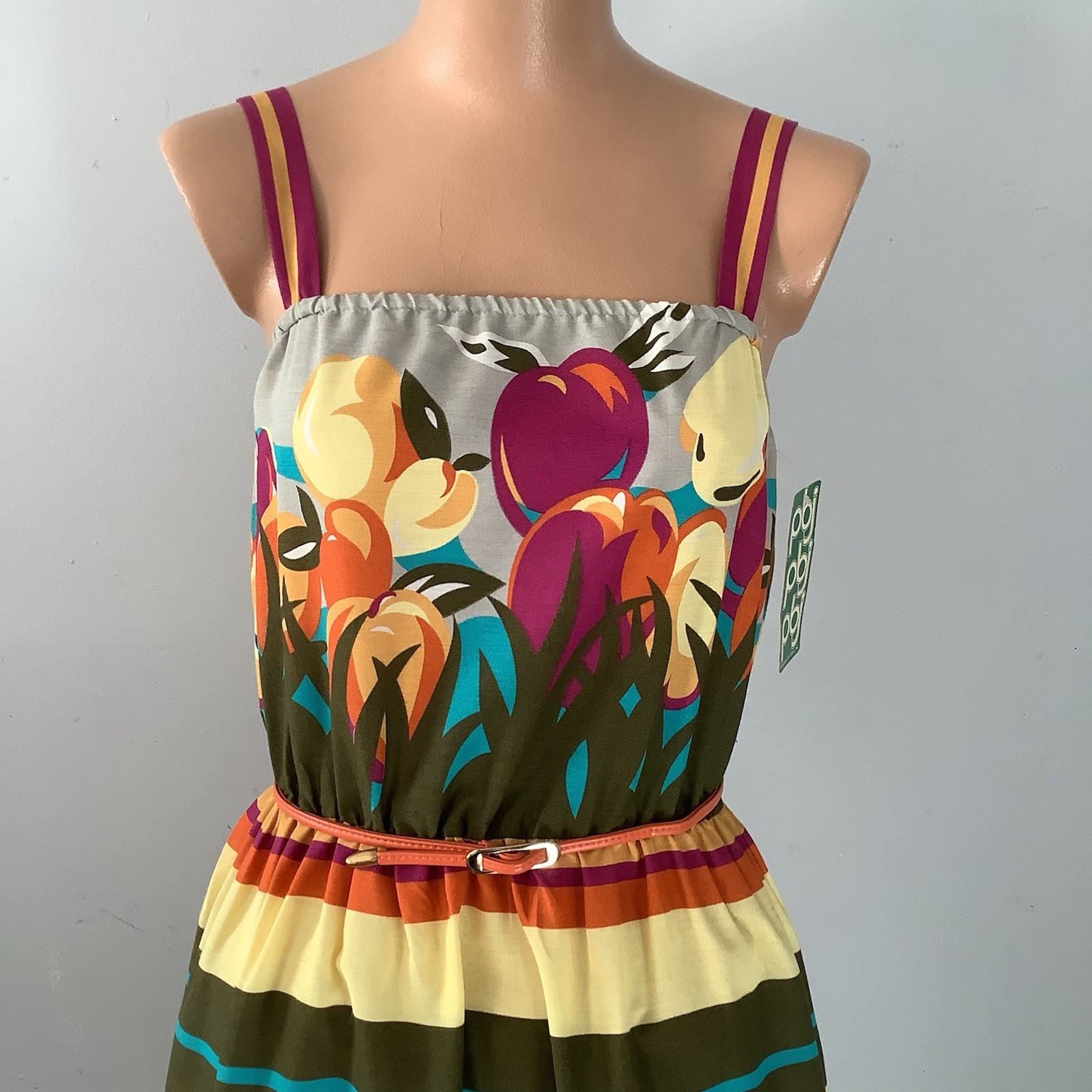 VTG 1970’s PBJ By Jerell Of Dallas Deadstock Fruit & Stripe Print Dress Orig Tag