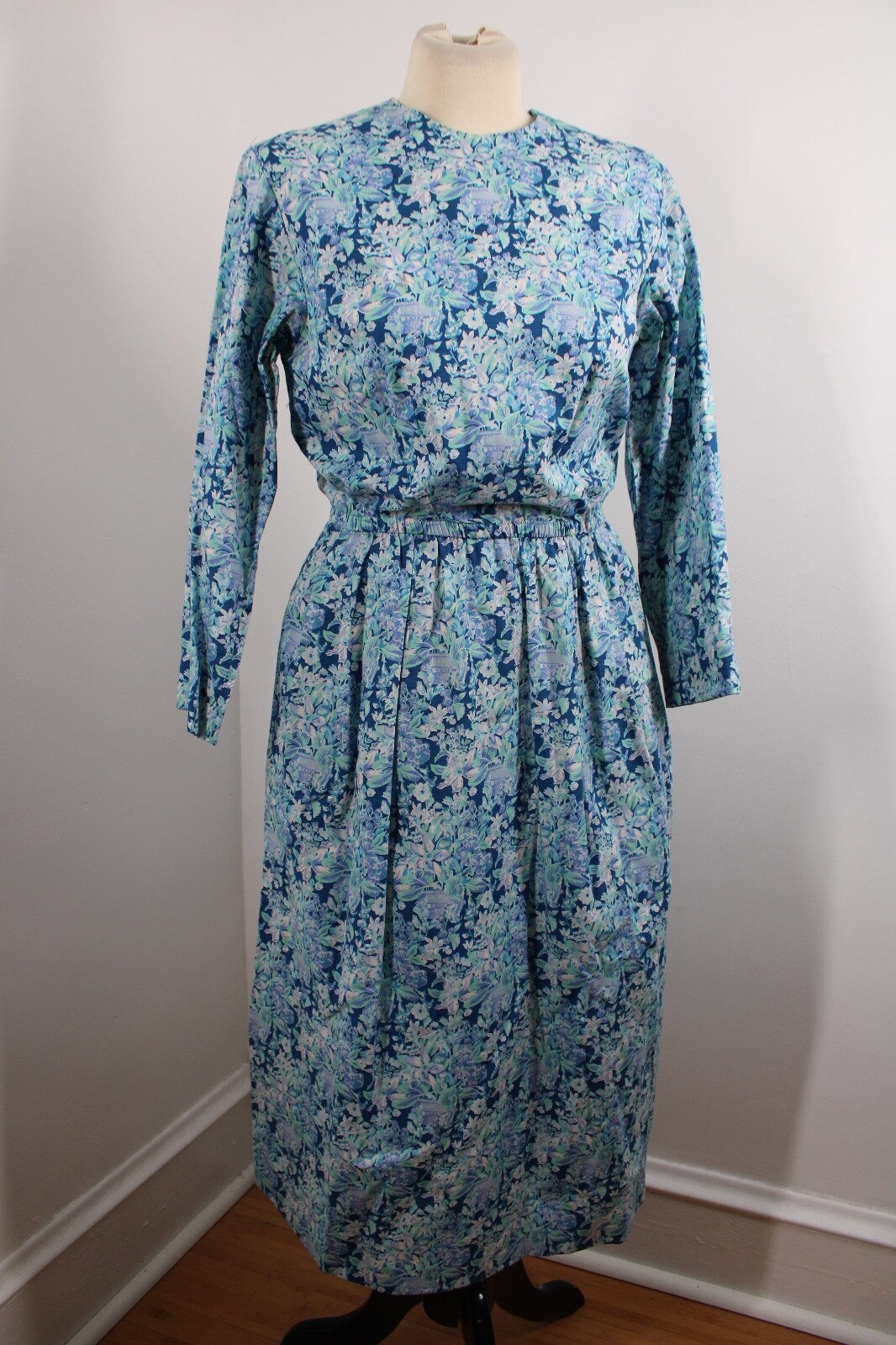 Vtg 90s J Jill Ltd 8 Blue Floral Cotton Shirt Dress Prairie Cottage USA