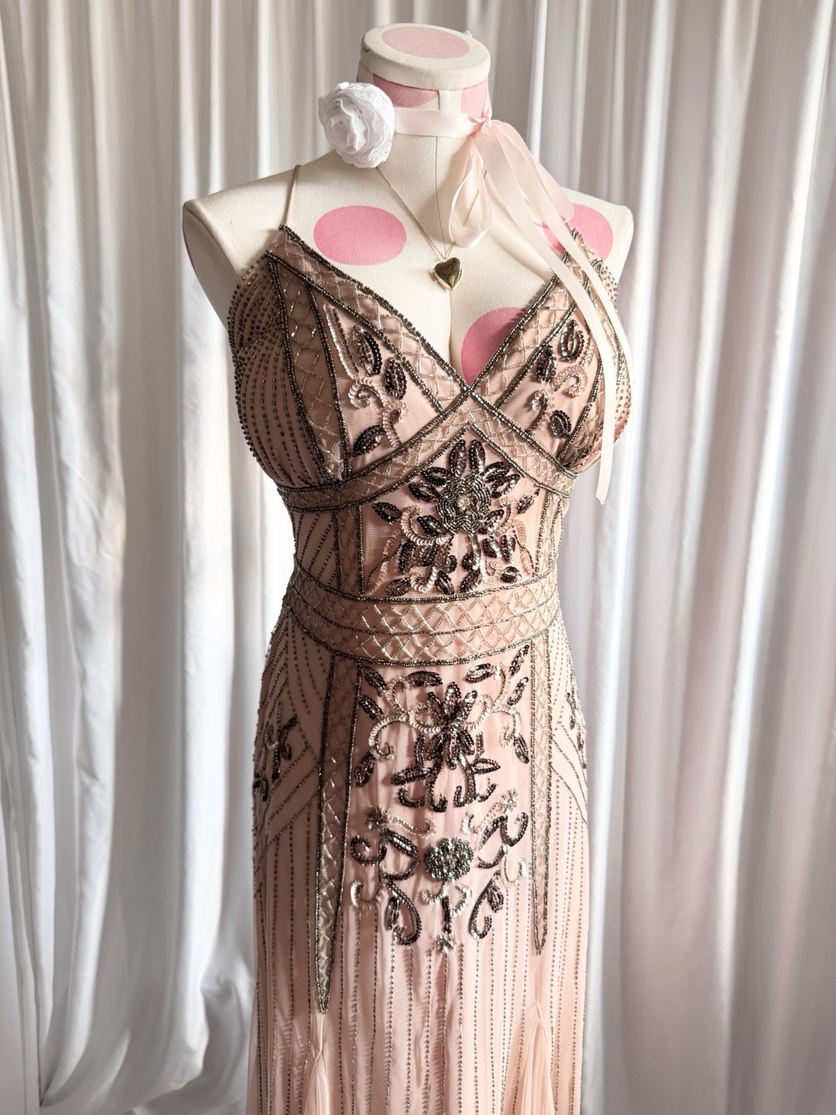Vintage Pink Silver Fairy Beaded Sequin Ruffle Princess Formal Gown Dress 15/16
