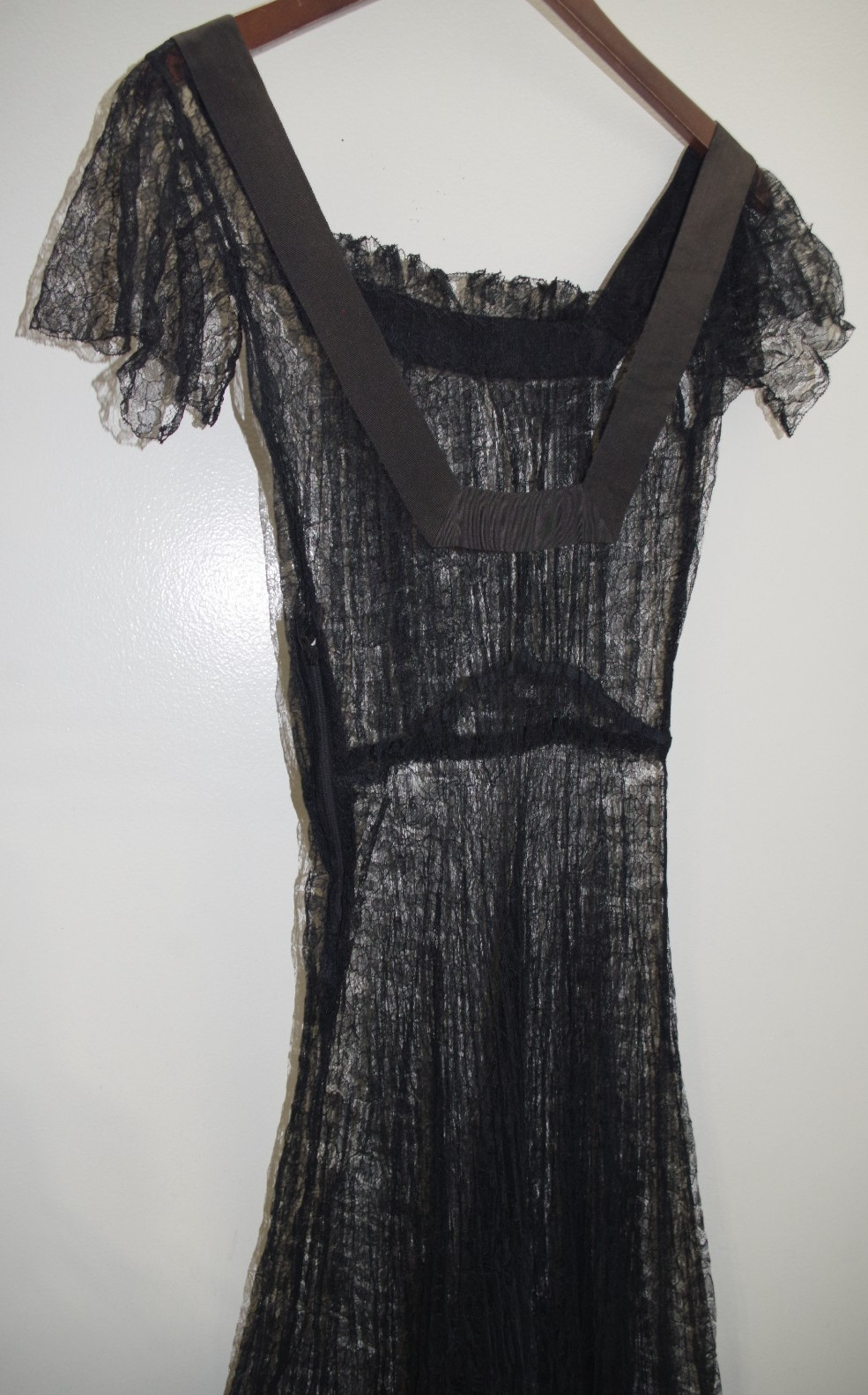 T3 ANTIQUE 1920’S SHEER BLACK French Lace Long DRESS Hand Sewn Grosgrain Ribbon
