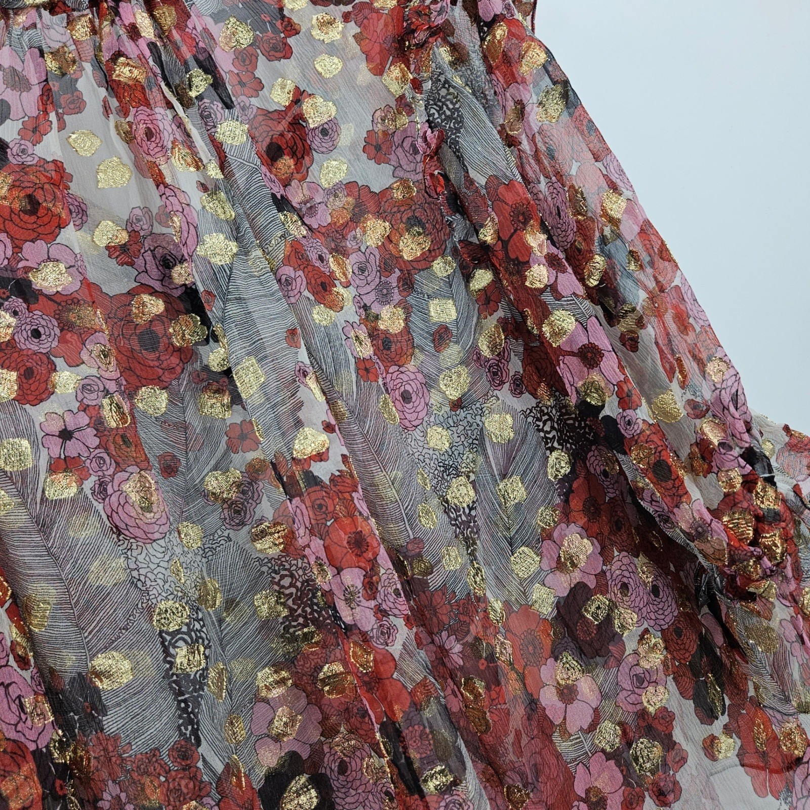 Alexander McQueen Silk Sheer Floral Blouse Maroon Gold Metallic Ruffle Peasant