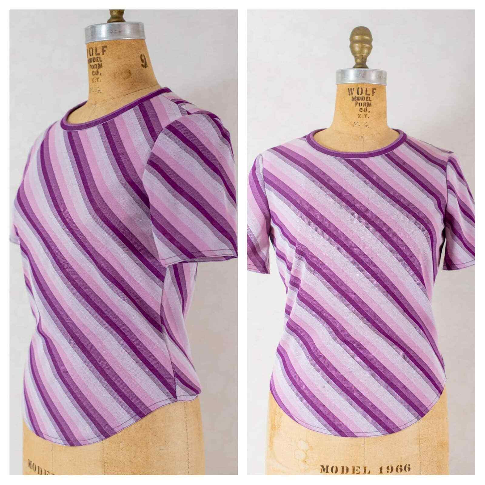 Vintage 80s retro 1980s women’s purple diagonal stripe cropped shirt, petite XS