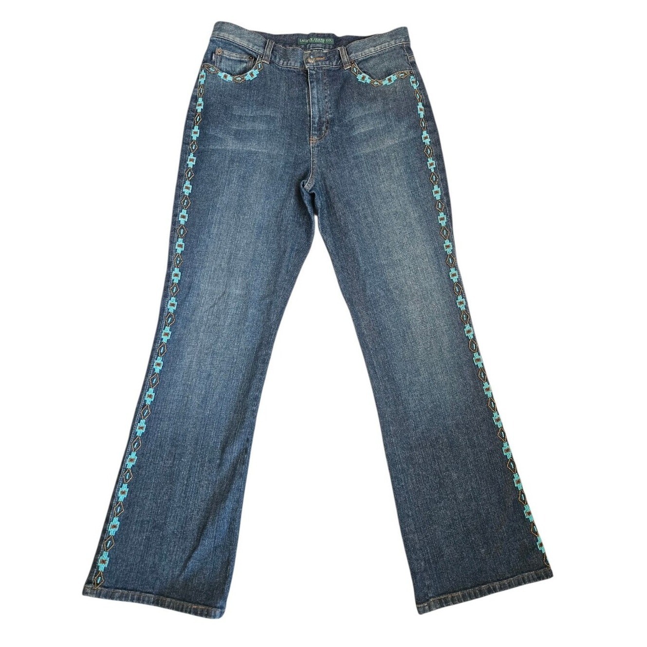 Vtg Lauren Ralph Lauren Turquoise Beaded Bootcut Jeans 10 Southwestern Aztec Y2K