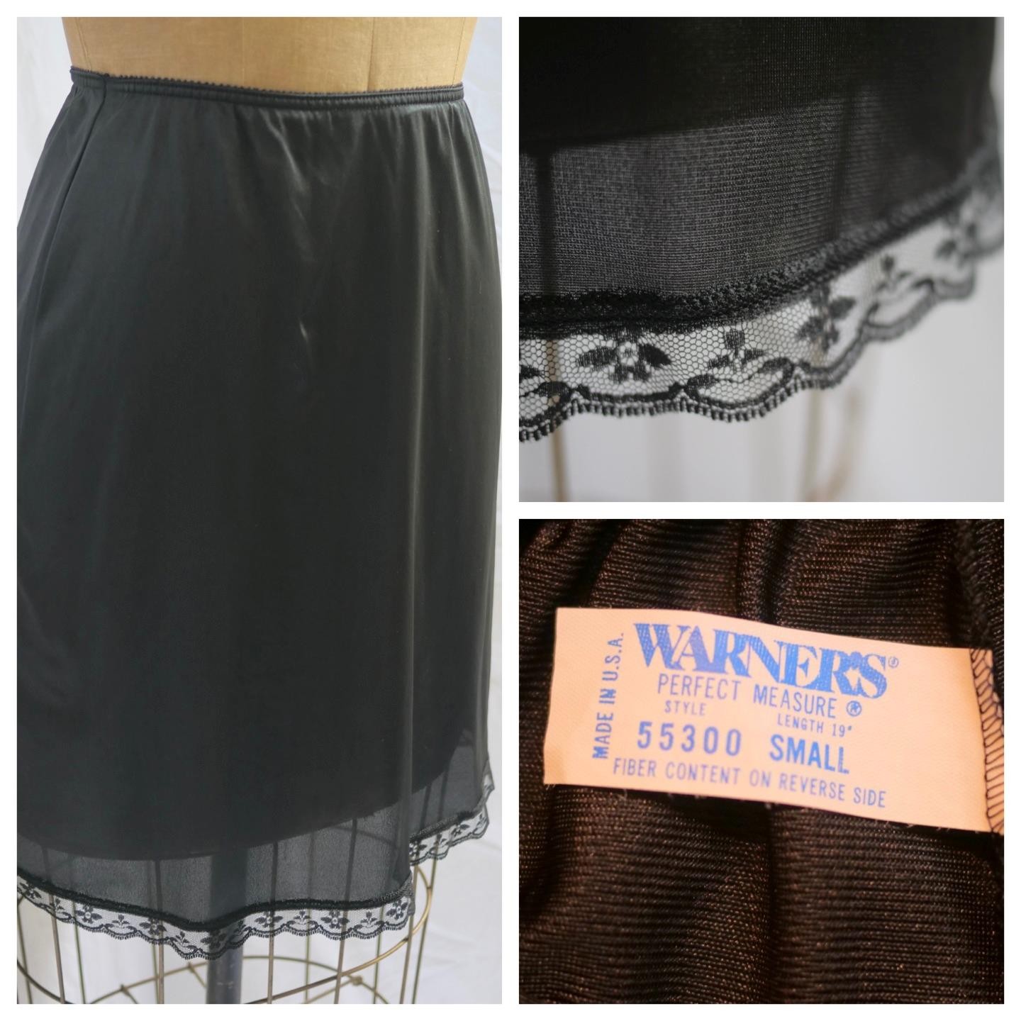 Vintage WARNERS Mod Black Retro Half Slip Skirt Petticoat LACE Hem USA Nylon S