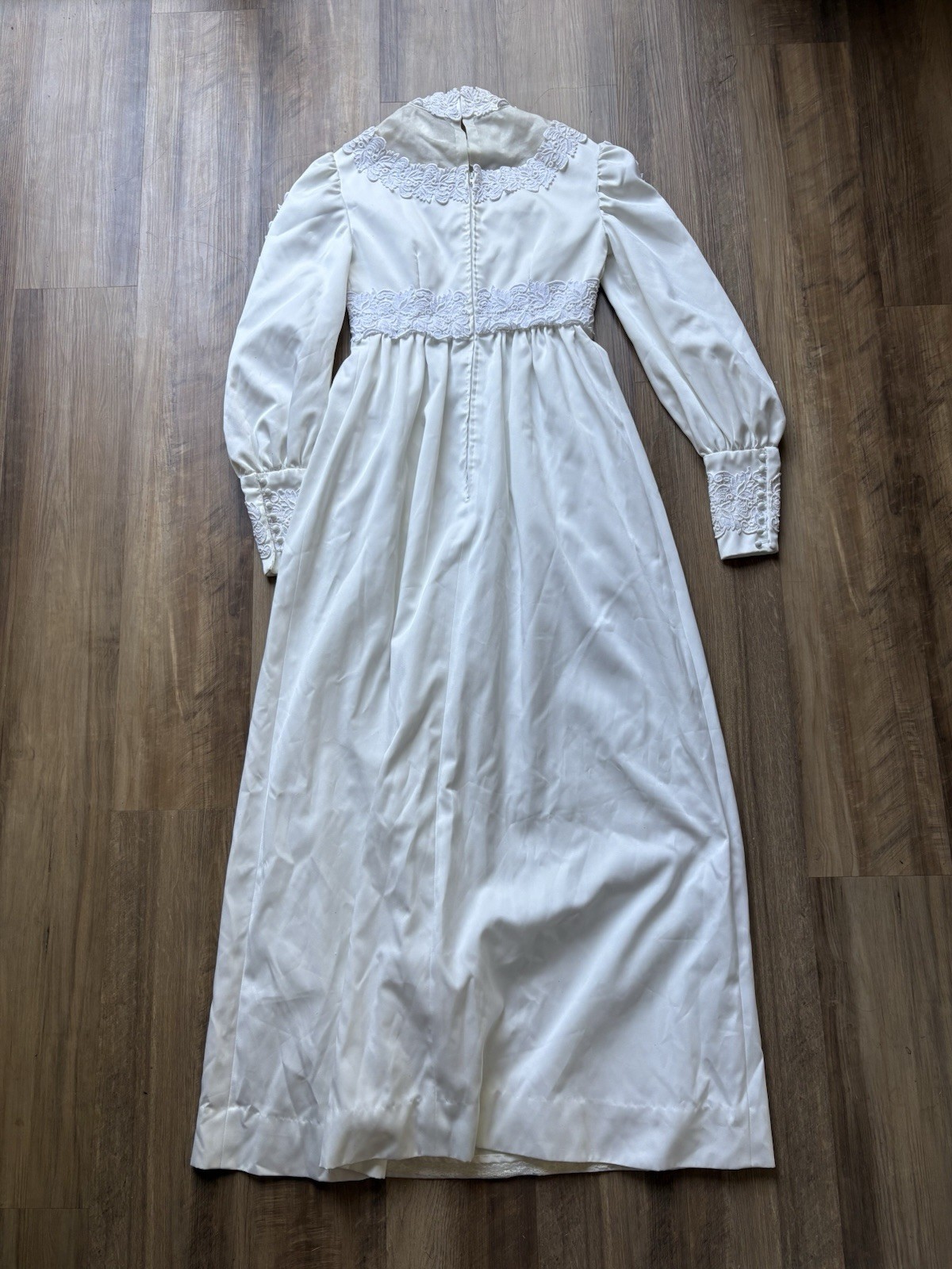 Vintage 70s Prairie Lace Maxi Edwardian Revival Wedding Gown Sz 2 / XS