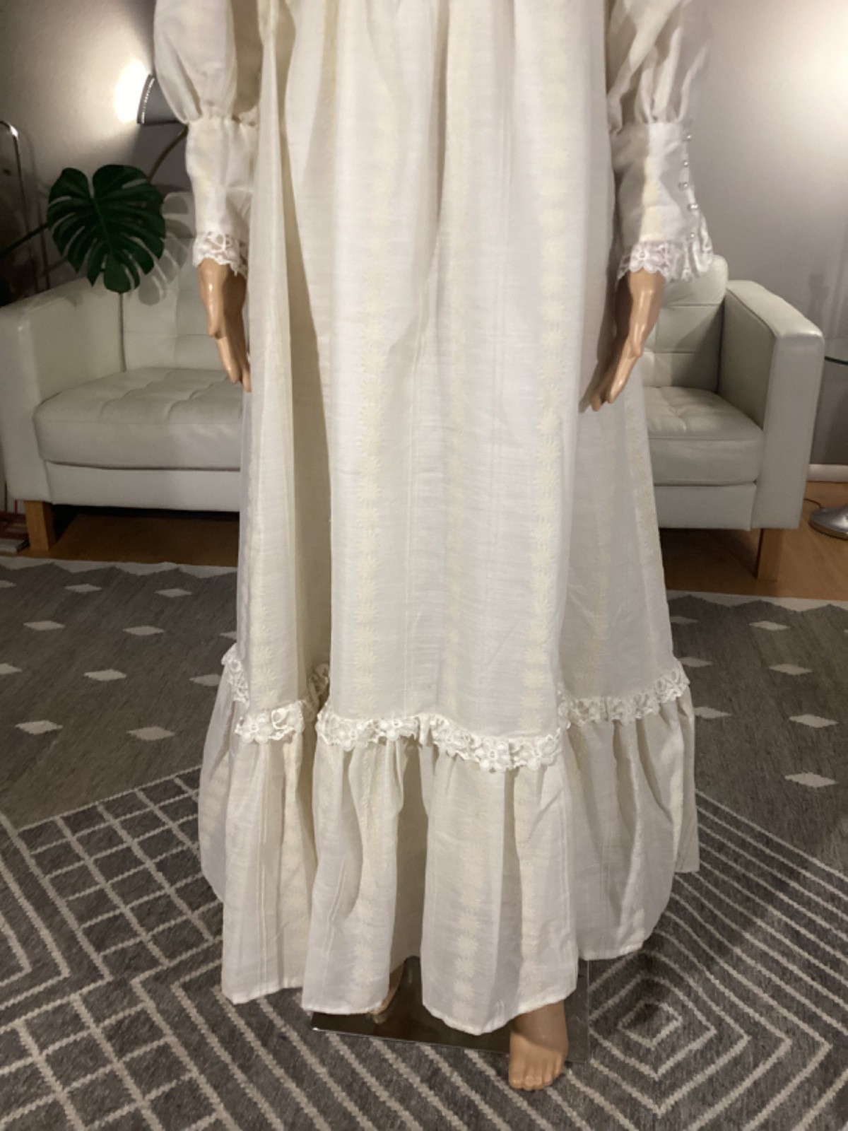 Vintage 60s 70s Prairie Maxi Dress Lace Hippie Boho Victorian Flocked Flowers