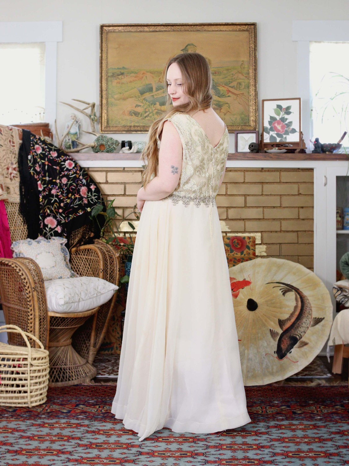 VTG 1960s Champagne Chiffon Metallic Gold Empire Waist Maxi Party Dress Grecian