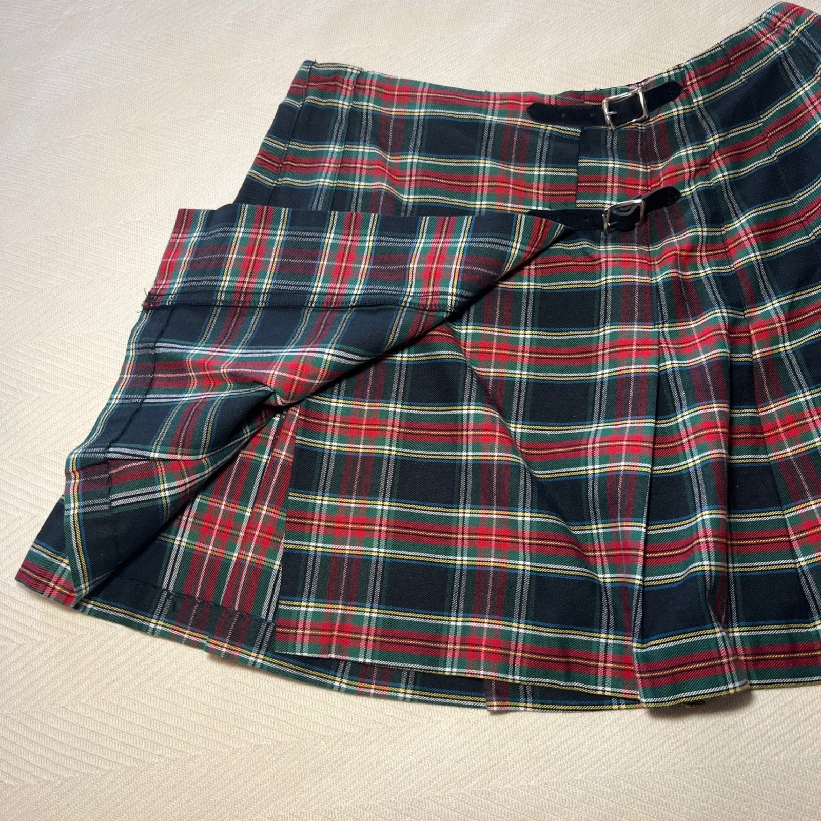 Vintage 1991 Necessary Objects Red Green Plaid Pleated Cotton Mini Skirt Size 7