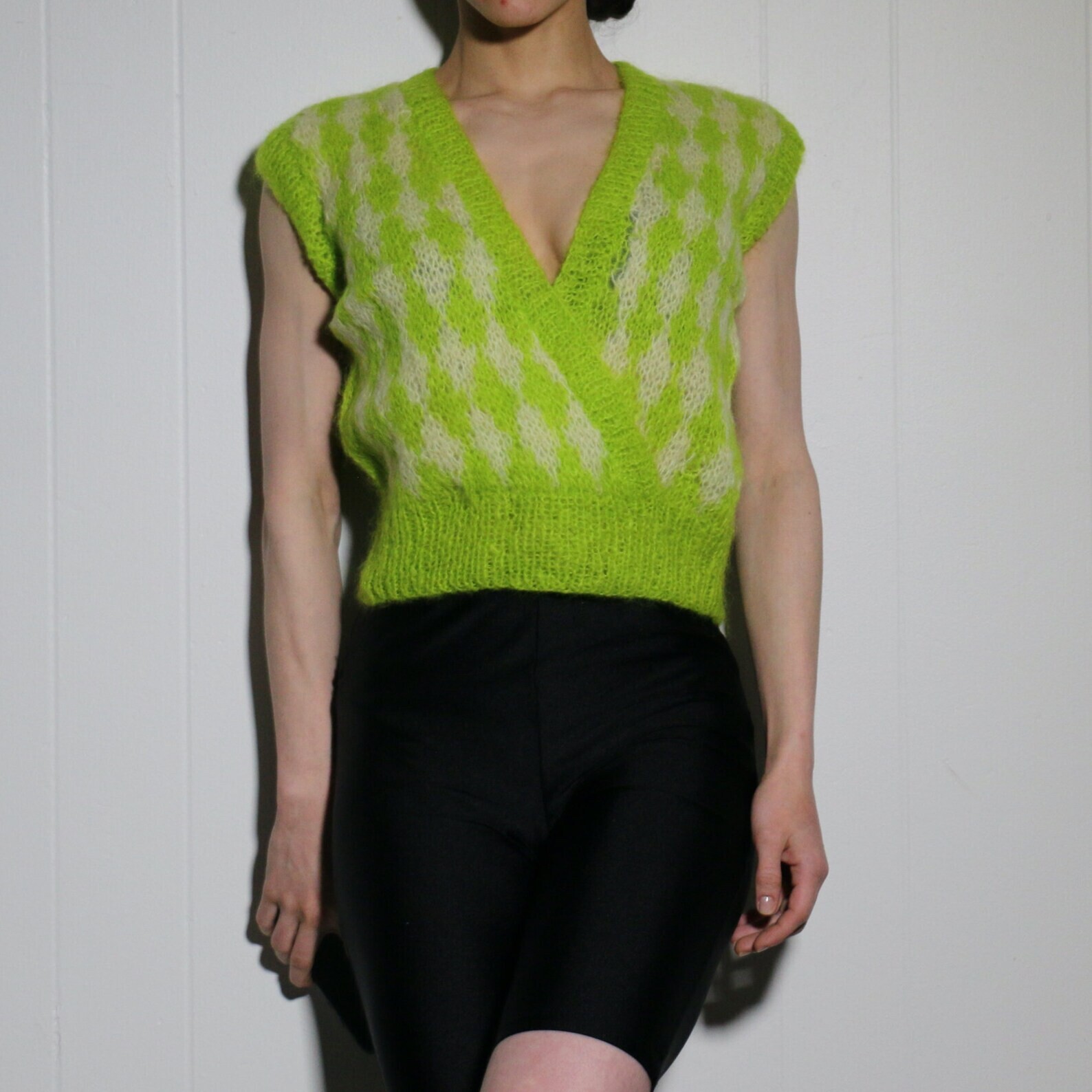 vintage 60s neon bright dayglo harlequin sleeveless sweater vest unique luxury