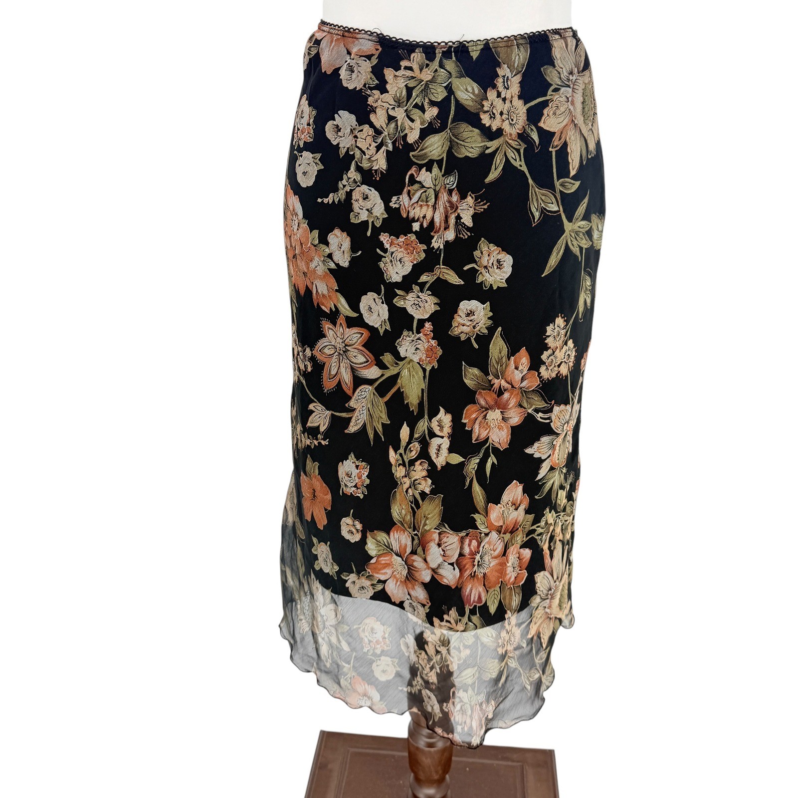 La Belle Mesh Pull On Black Floral Midi Skirt Women M Vintage 90s USA Lined