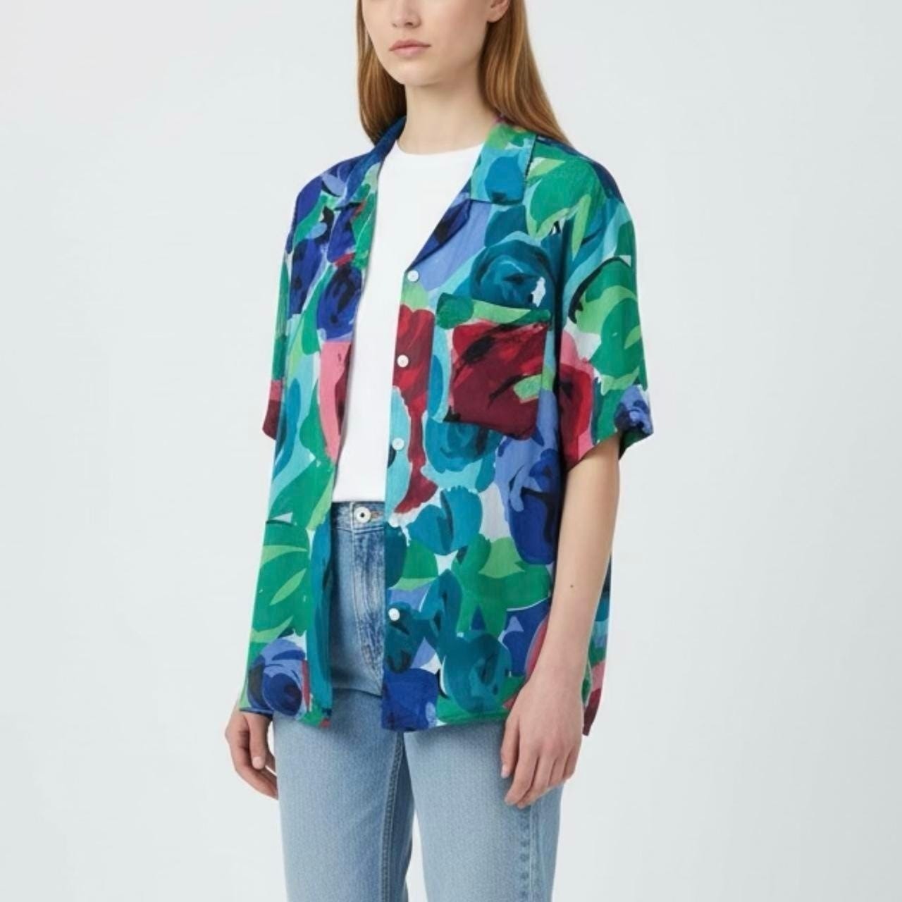 vintage 90s cotton Esprit button up sheer abstract print blouse tropical floral