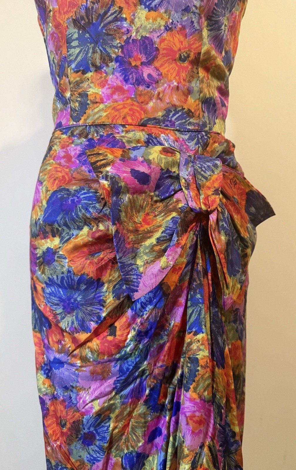 Gorgeous 1950s VTG Satin Floral Sarong Dress Designer Mr. Blackwell Sz XS/S