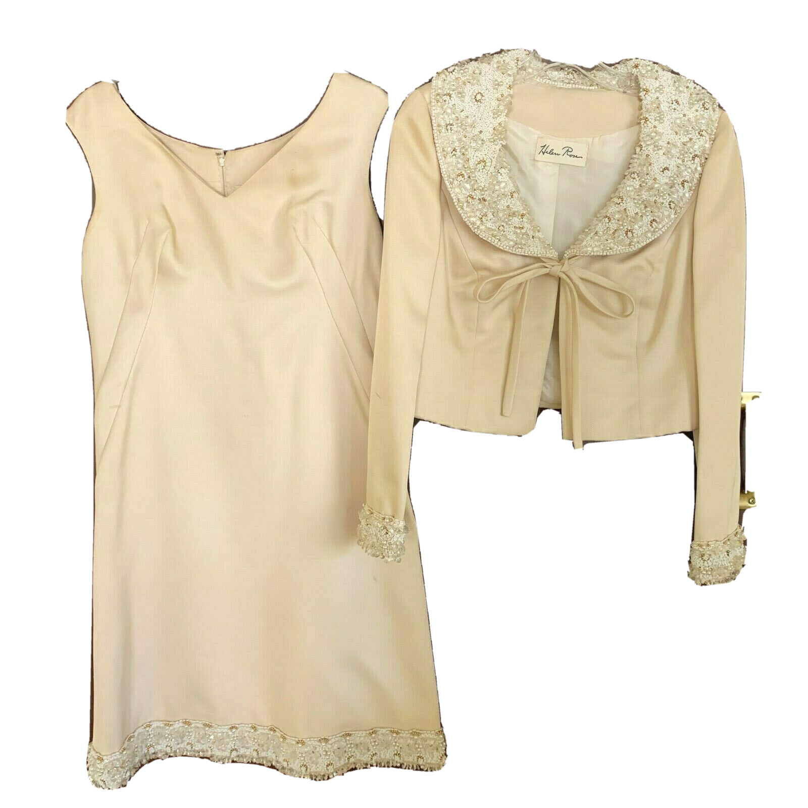 Vintage HELEN ROSE 2 Piece Formal Dress & Jacket Beaded Jeweled Cream Color Sz M