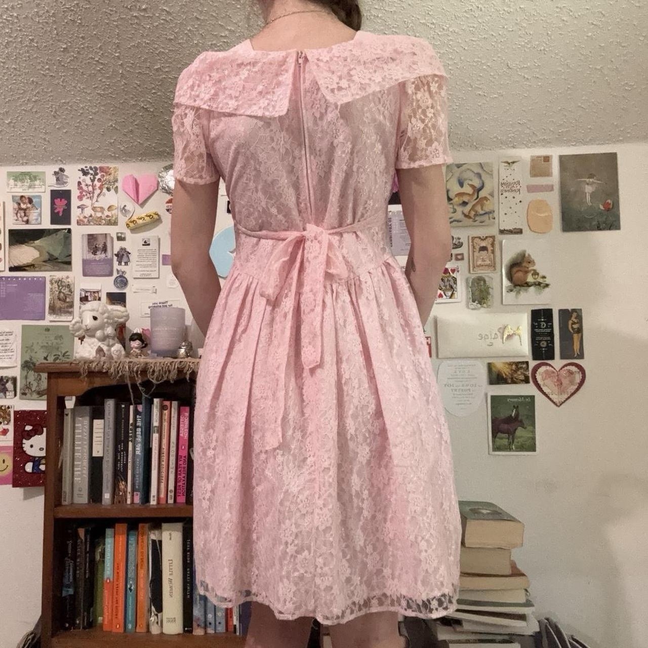 Vintage 60s Pink Coquette Lace Babydoll Dress With Bow + Flower
