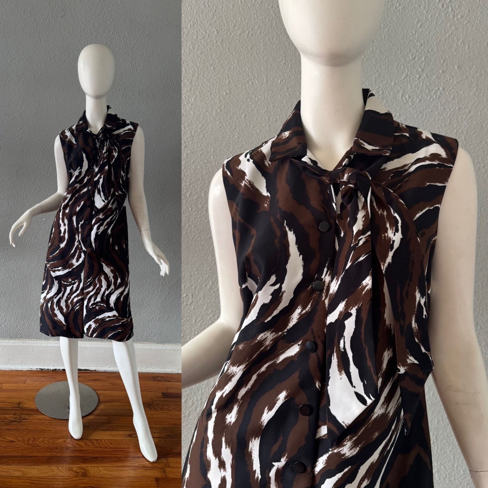 Vintage 60s Sleeveless Abstract Neck Tie MOD Button Shift Dress L