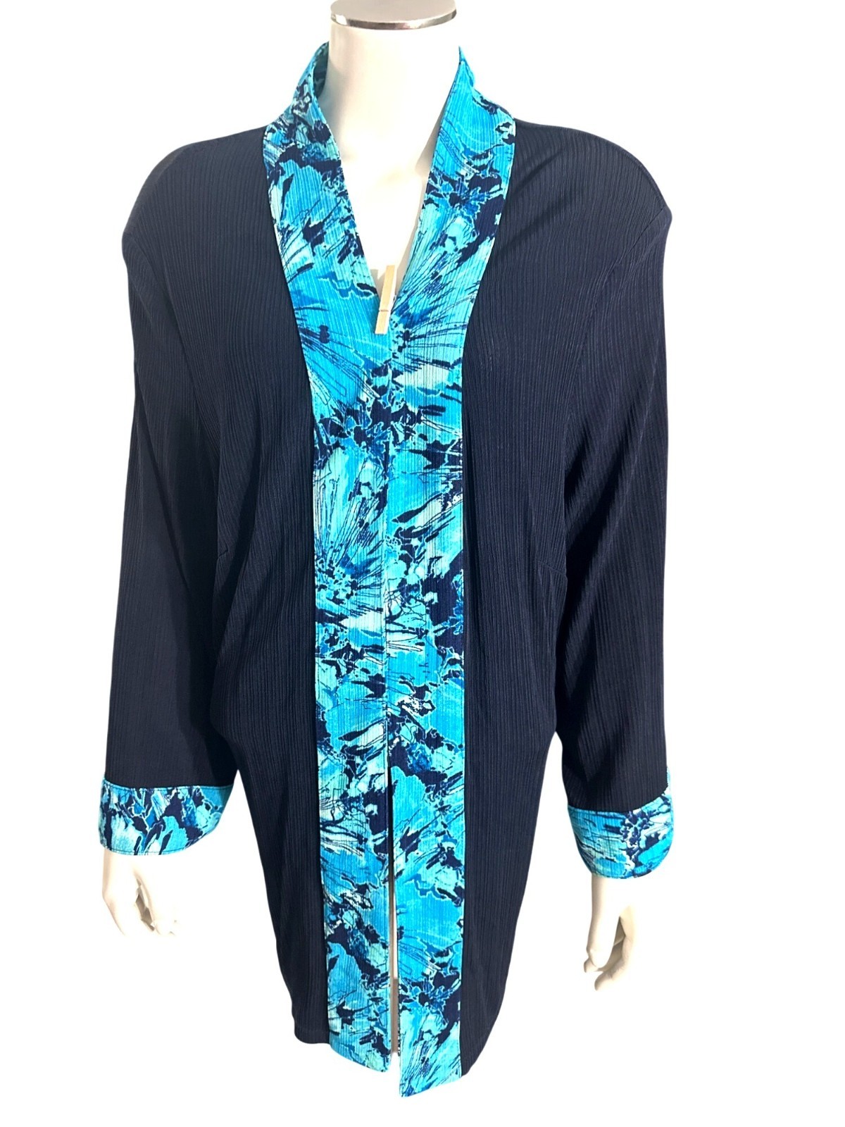 TanJay Size 2X Vintage Black Blue Abstract Trim Jacket Open Front Stretch Travel