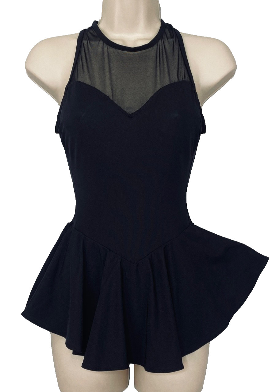 Vintage 1980s black one-piece swimsuit S 6 sheer high neck skirted swim dress