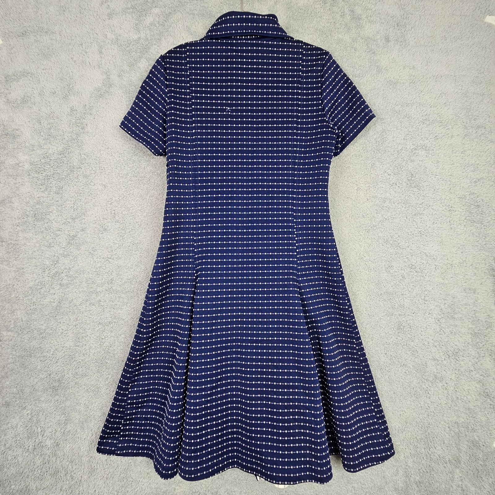 VTG 70s Womens Swing Dress S Blue Collared Zip Up Short Sleeve Inverted Pleats