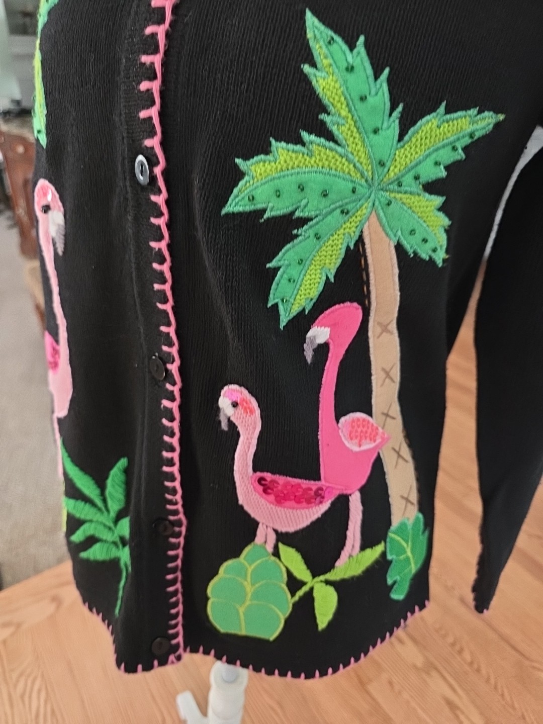 90s Vintage The Quacker Factory Embroidered Beaded Flamingo Cardigan Womens s
