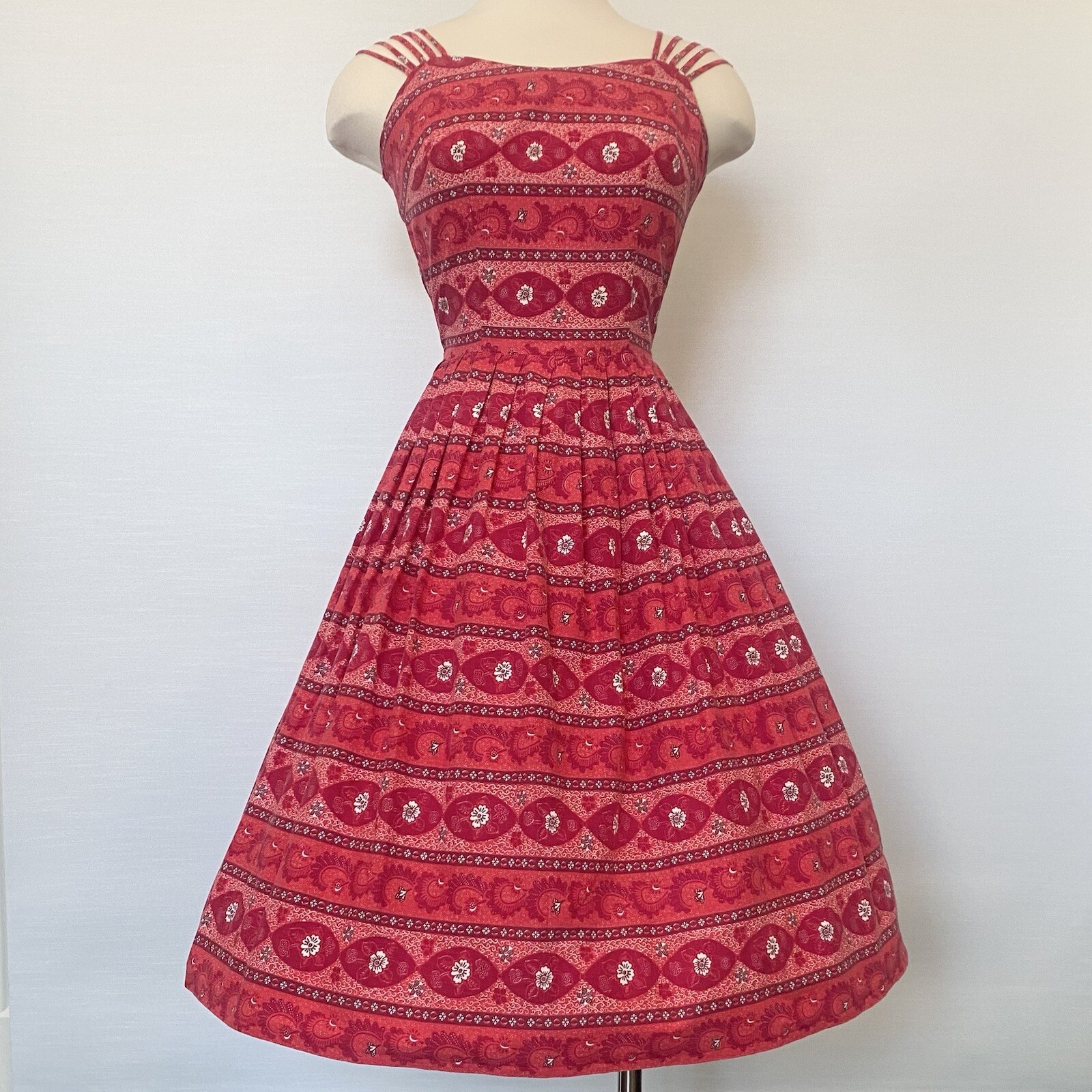 Vintage 50s 60s Red Floral Print Party Strappy Party Dress Rockabilly New Look