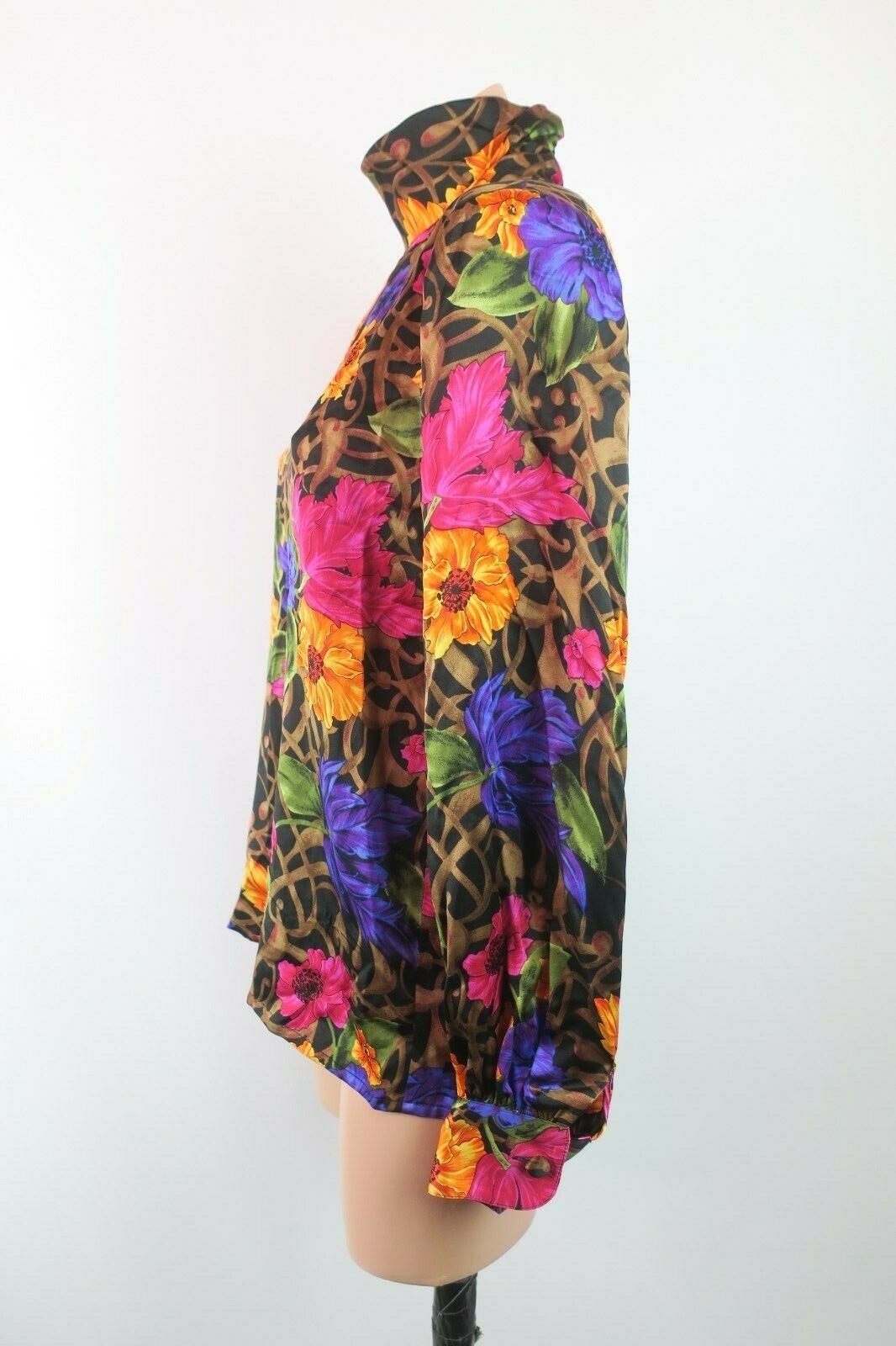 Rickie Freeman Silk Blouse Floral Turtleneck Button Abstract Teri Jon VTG