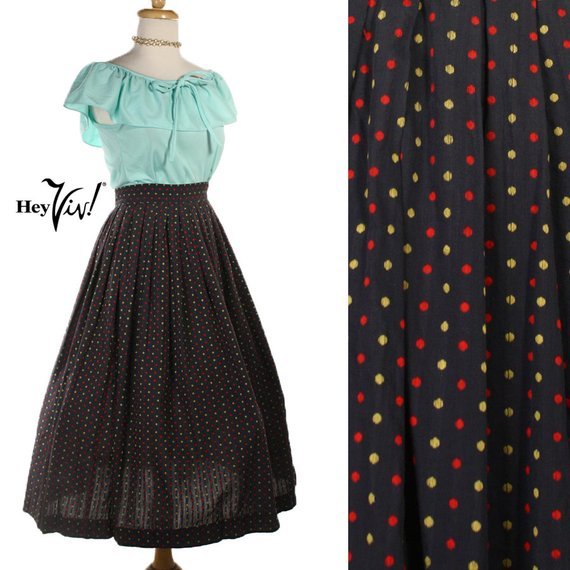 Vintage 50s Full Skirt Black Cotton Woven Dot Pattern Metal Zipper W24″ -Hey Viv