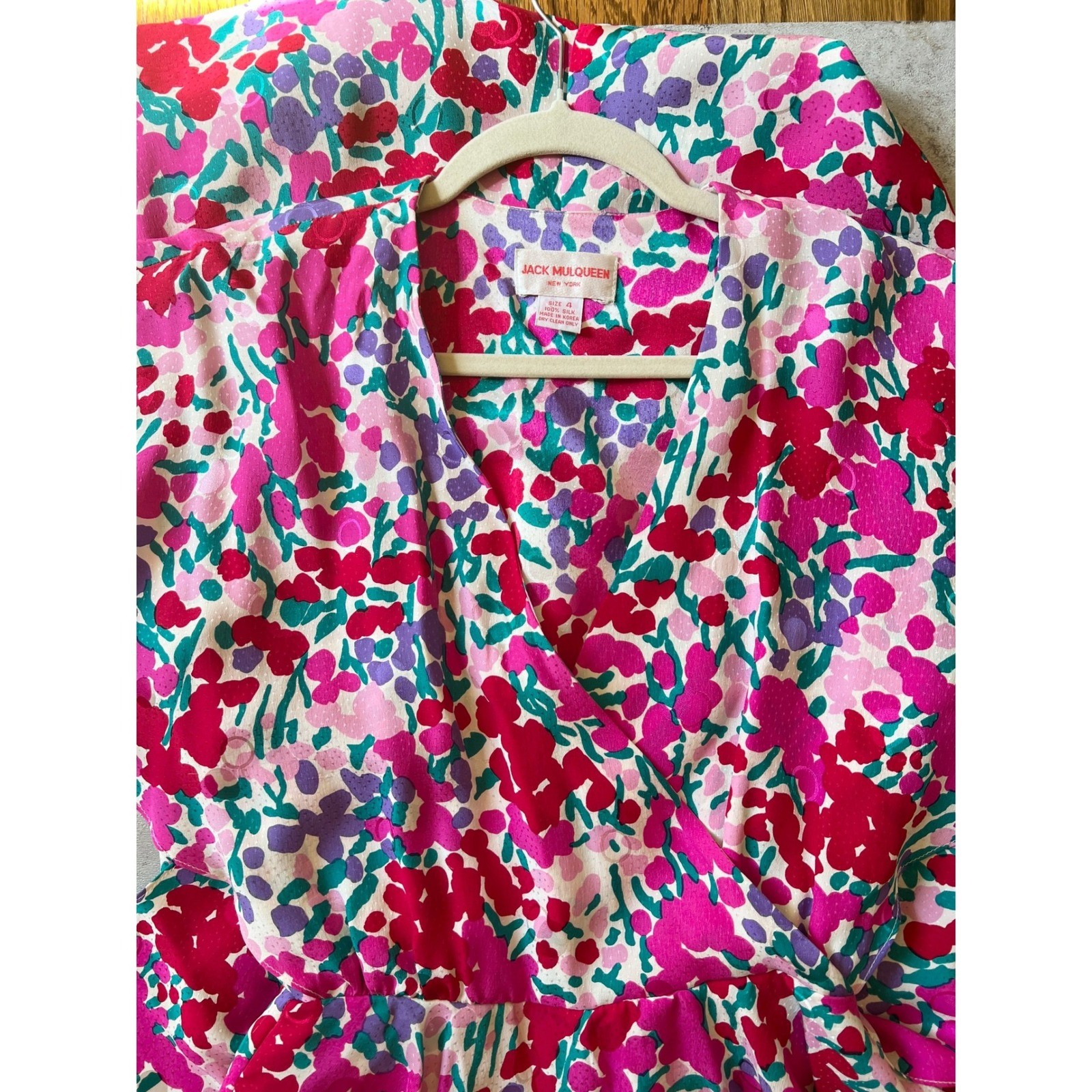 Jack Mulqueen Vintage Silk Dress Size 4 S Bright Floral Peplum Wrap V-Neck 80s