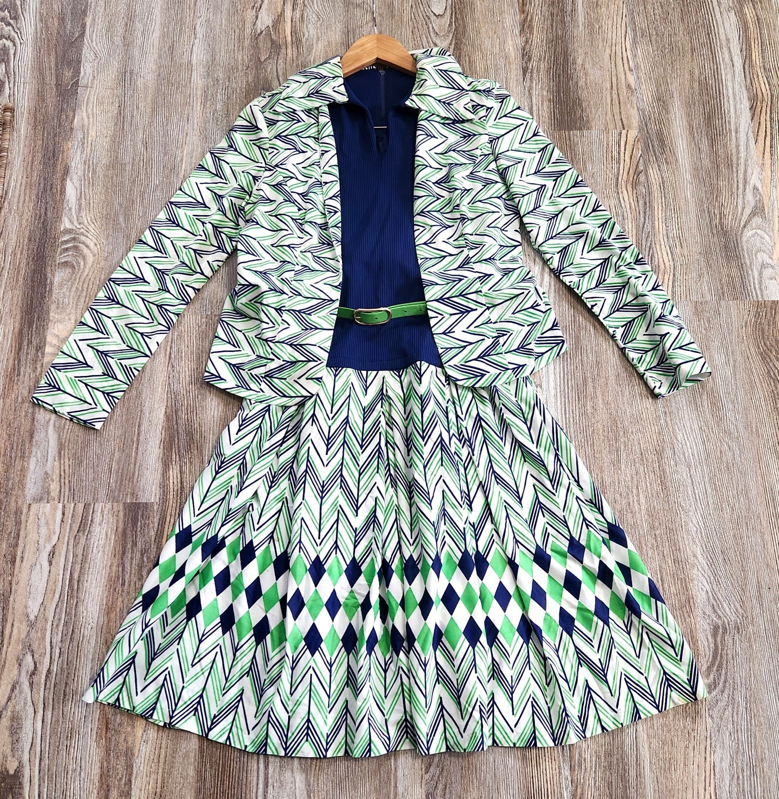 Vintage 70s L’AiGLon Mod Two Piece Dress Jacket Set Womens M Drop Waist Retro
