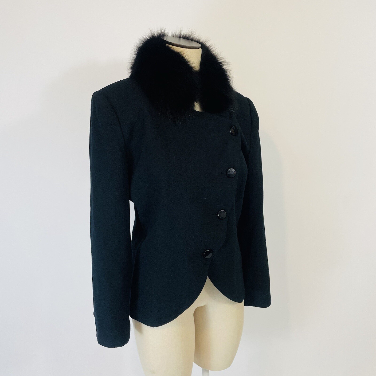 Vintage Faux Fur Wool Military Blazer Jacket Women’s Size 10 Black Evening