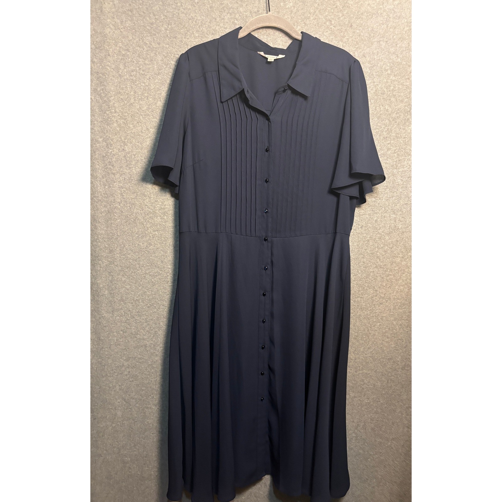 Nanette Lepore Vintage Blue Pleated Midi Dress Button Front Sheer Sleeve 16