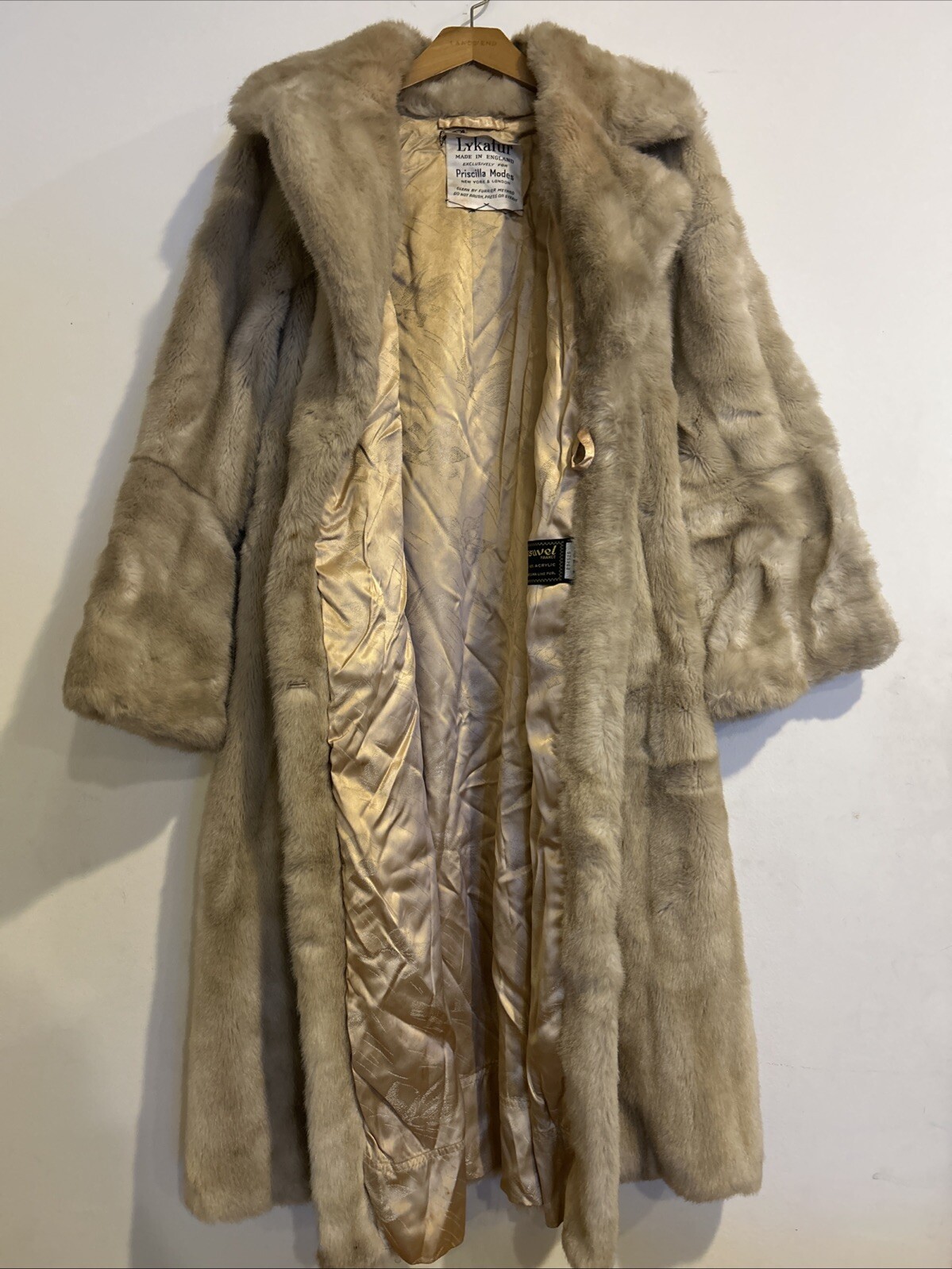 Vintage Lykafur Priscilla Modes Tie Around Faux Fur Coat Made In England