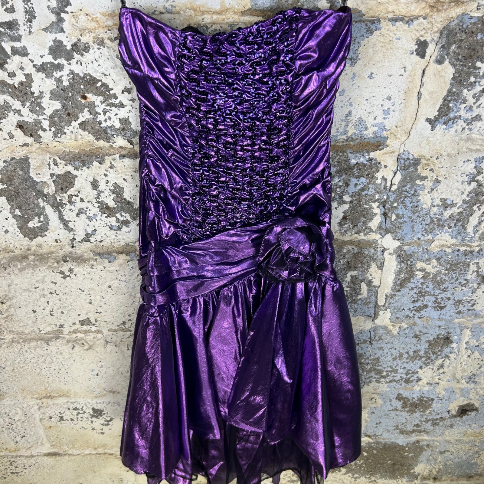 Vintage 80’s Zum Zum Party Dress Purple Metallic Ruched Sequin Prom 9/10