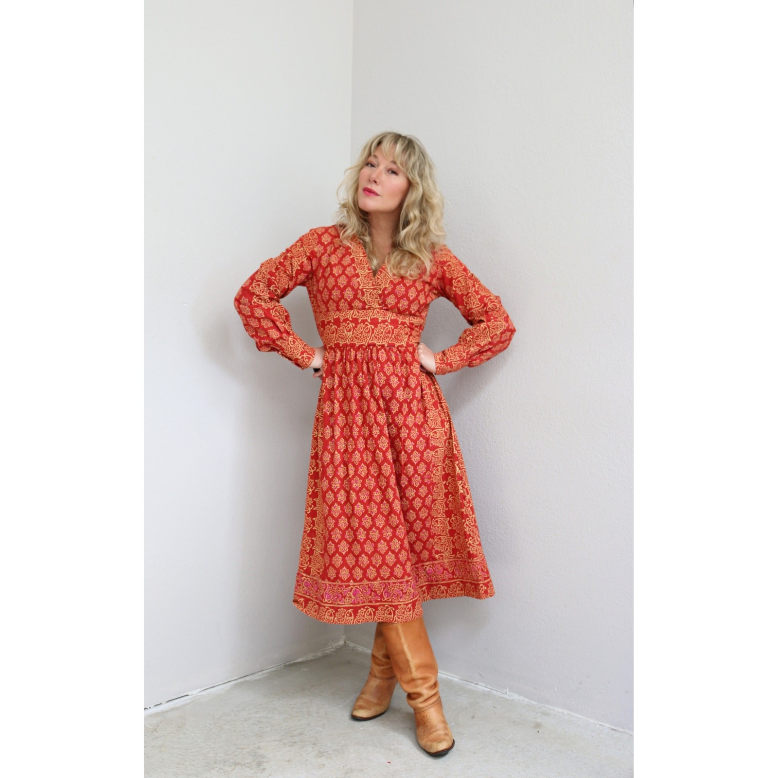 1970’s Vintage Indian Imported Batik Cotton Block Print Dress ~ Women’s XS SM