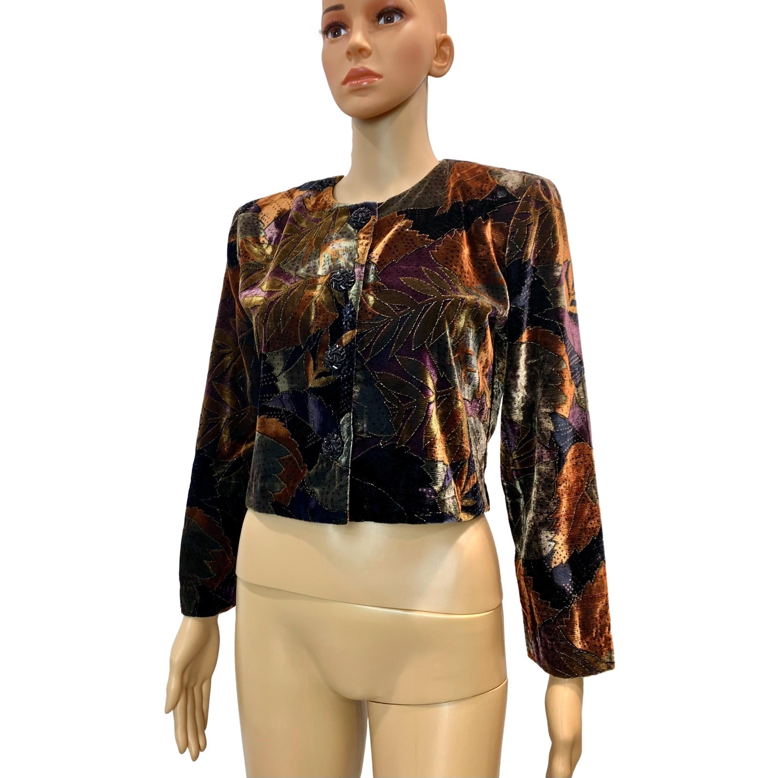 Vintage 80s Painted Velvet Cropped Jacket Brown Purple Rust Petite 2
