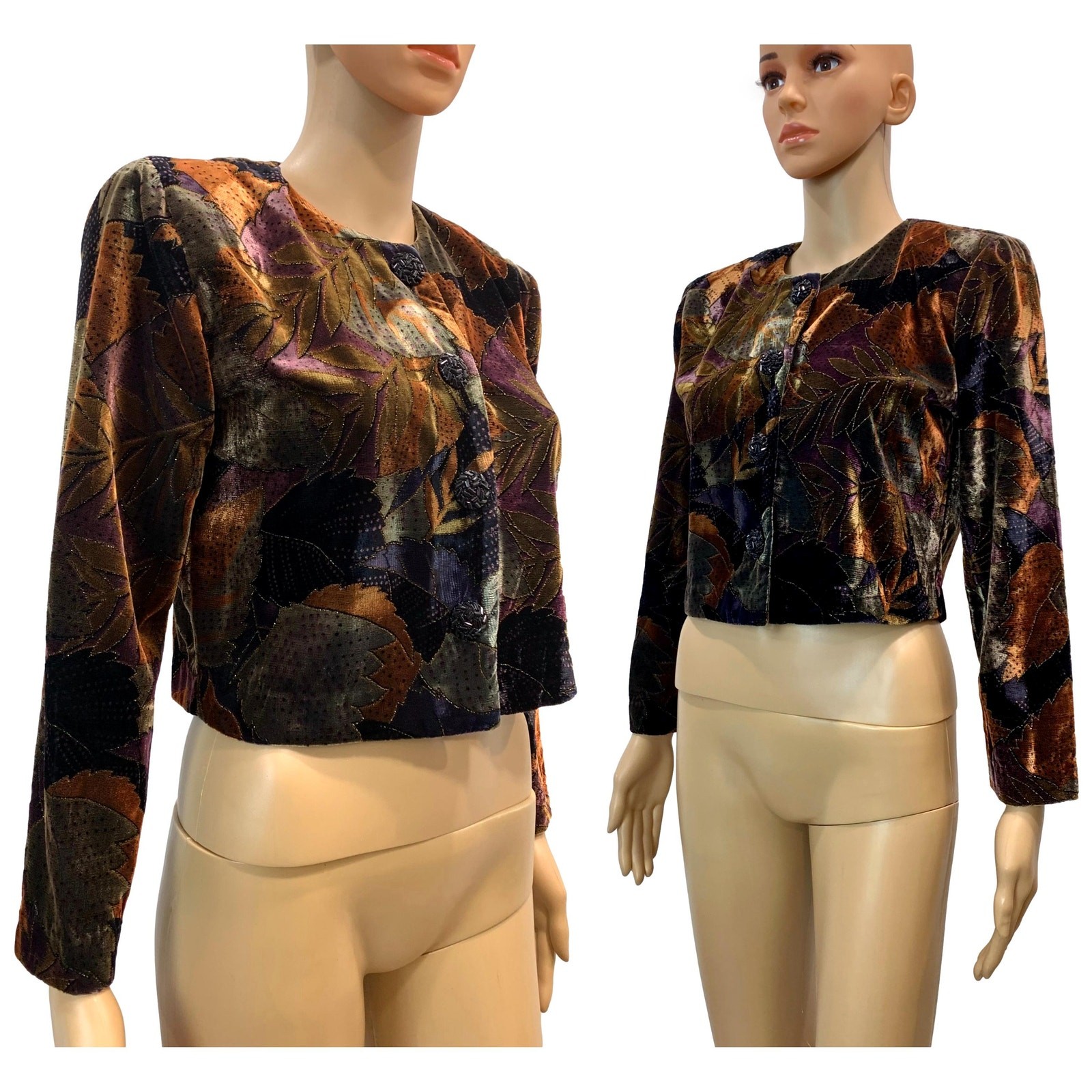 Vintage 80s Painted Velvet Cropped Jacket Brown Purple Rust Petite 2