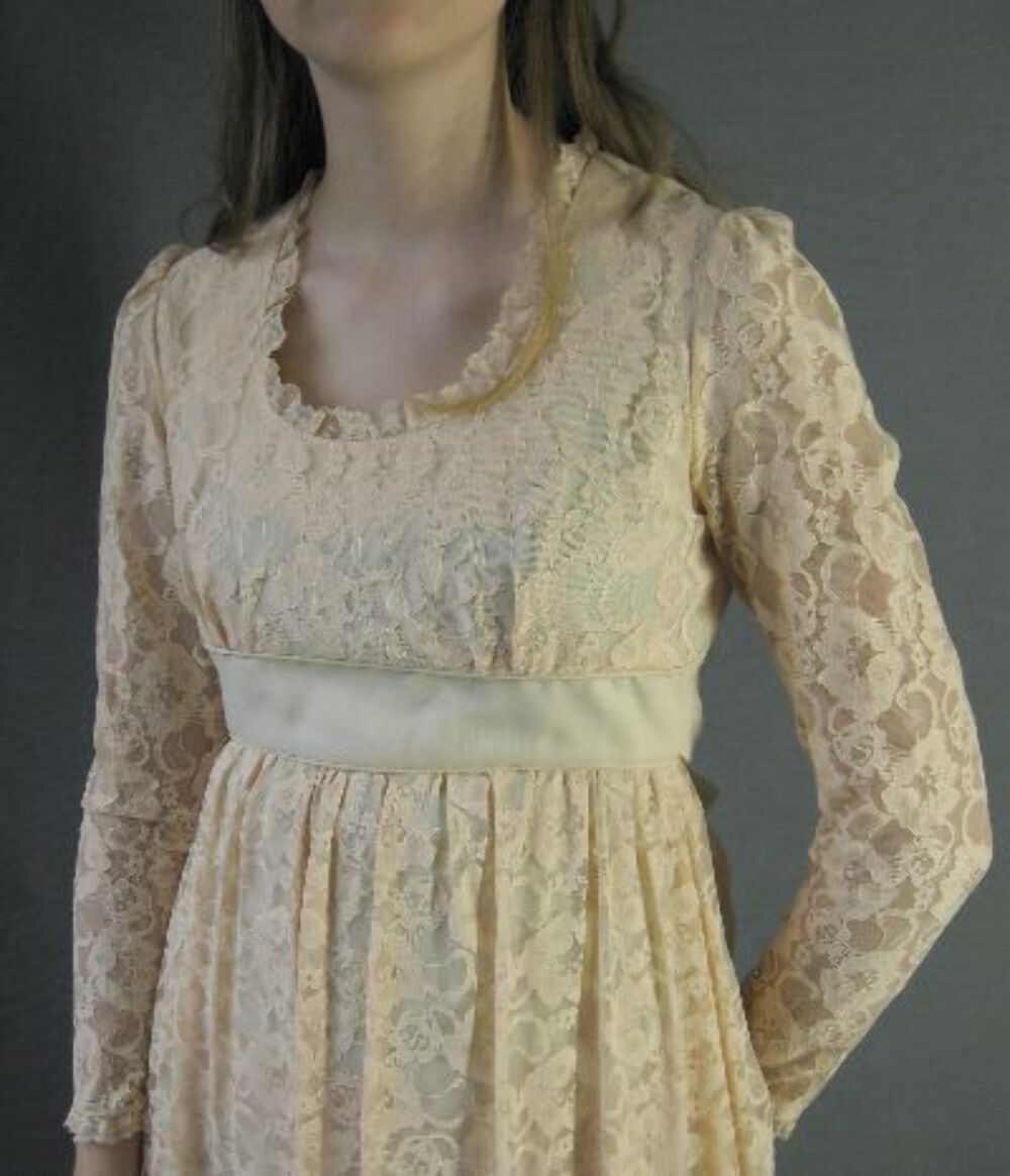 70s Long Lace Dress Bridgerton Maxi Empire Waist Vintage Boho Candi Jones