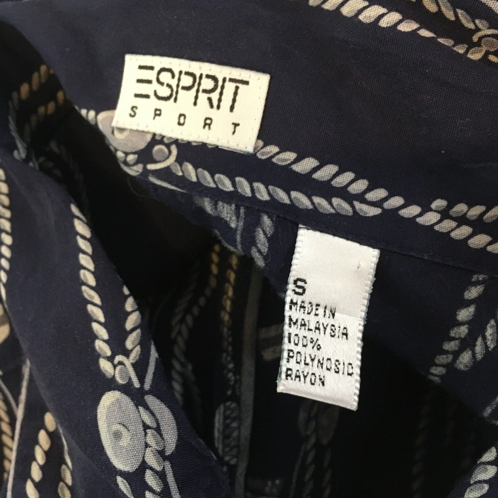 Espirit Sport Vintage 80s Navy Blue Nautical Print Button Front Shirt, Top sz S